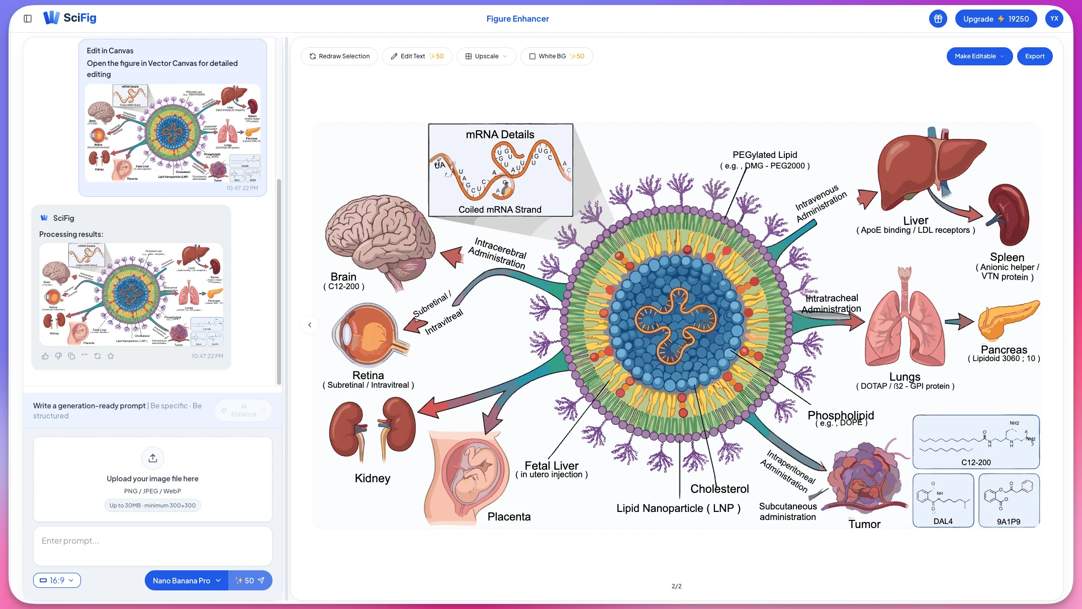Figure Enhancer: AI redraws, edits text, upscales, and removes backgrounds on an LNP drug-delivery diagram inside a chat-driven workflow