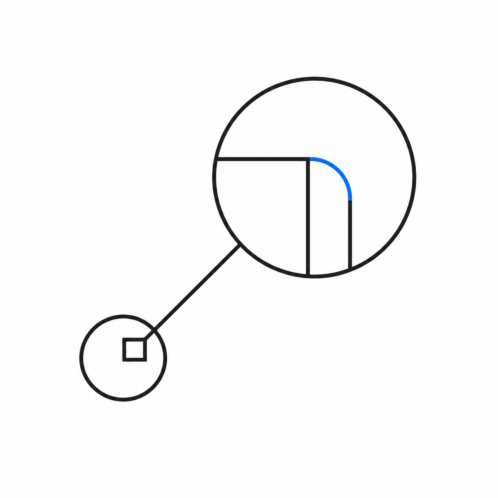 Minimal monochrome zoom-in callout icon with two line circles joined by a leader line (Figure generated with SciFig)