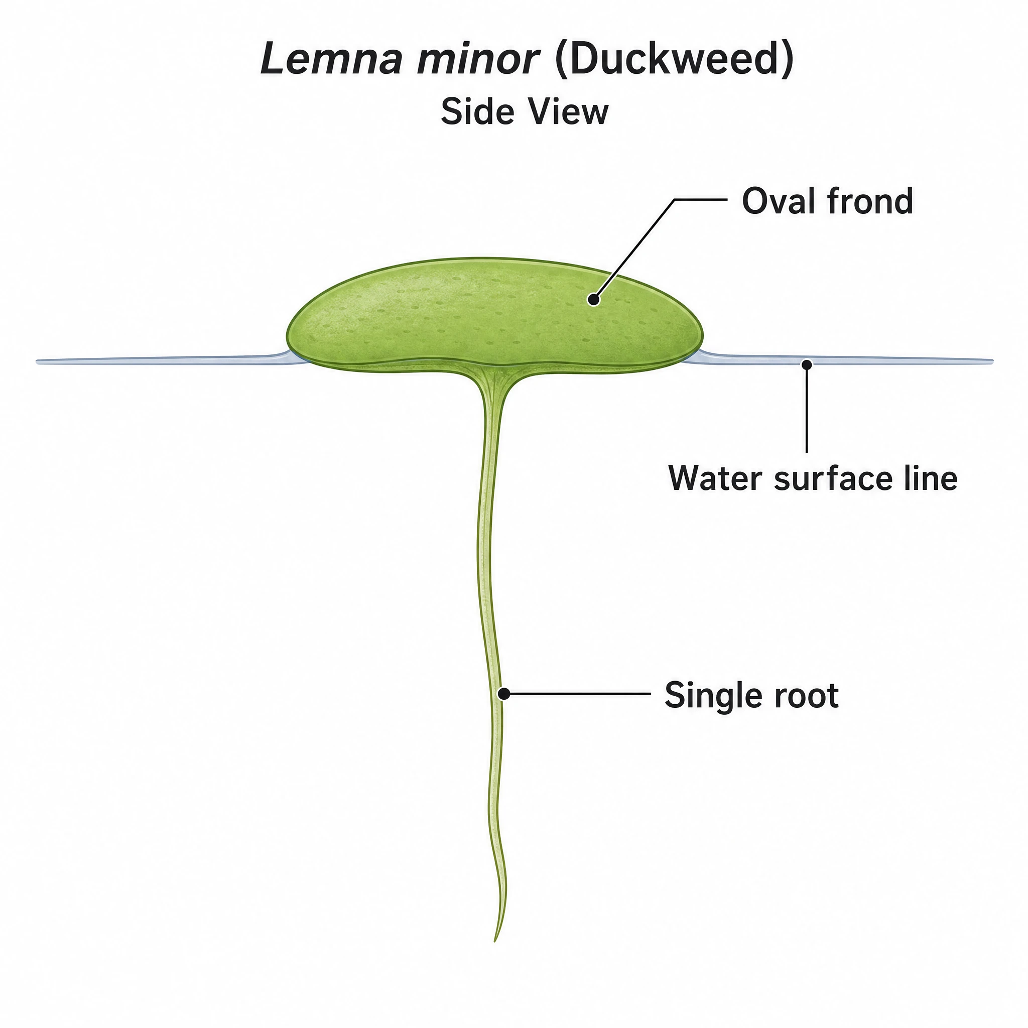 Labeled Lemna minor diagram naming the frond, single root, and water surface (Figure generated with SciFig)