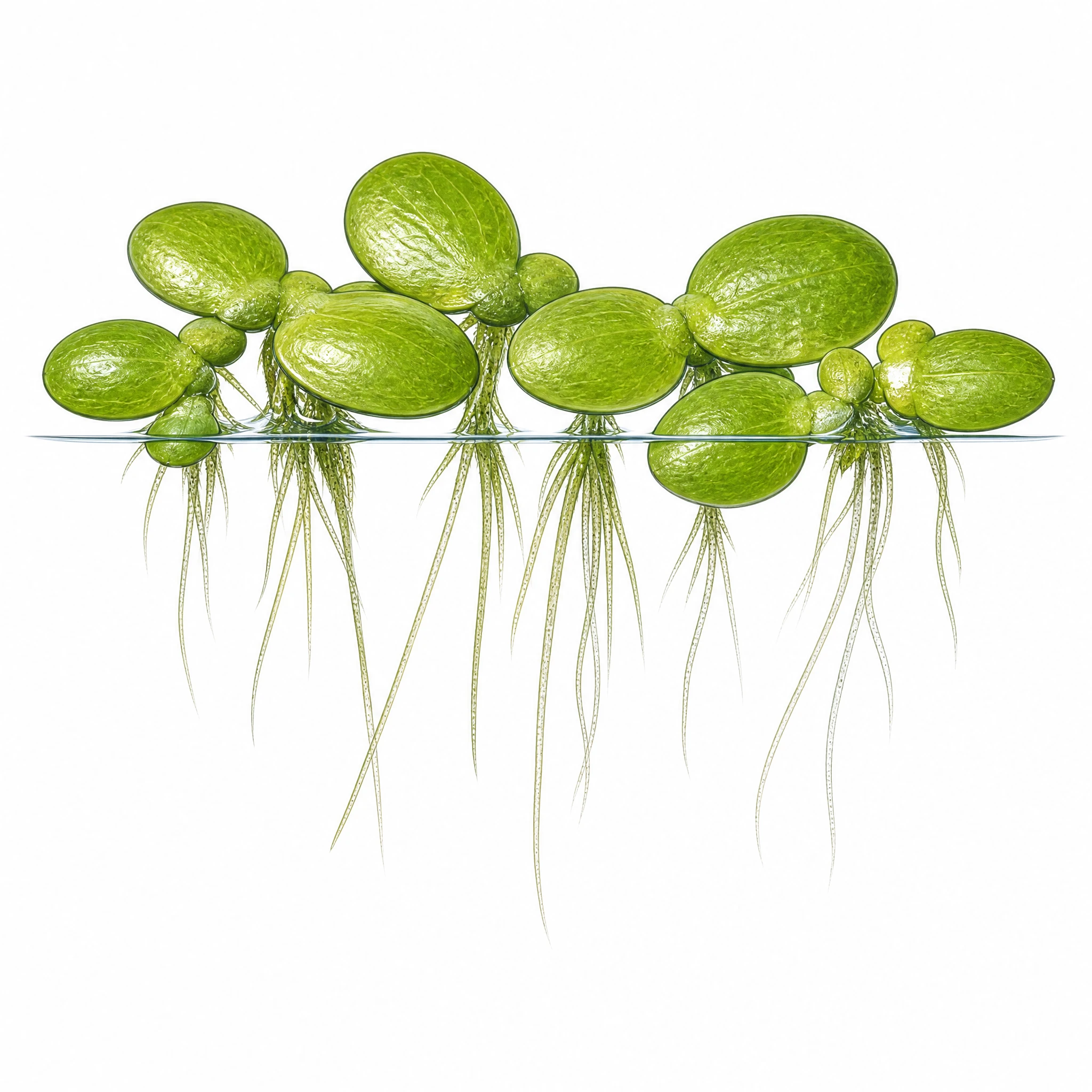 Detailed realistic illustration of common duckweed fronds floating with roots trailing in water (Figure generated with SciFig)