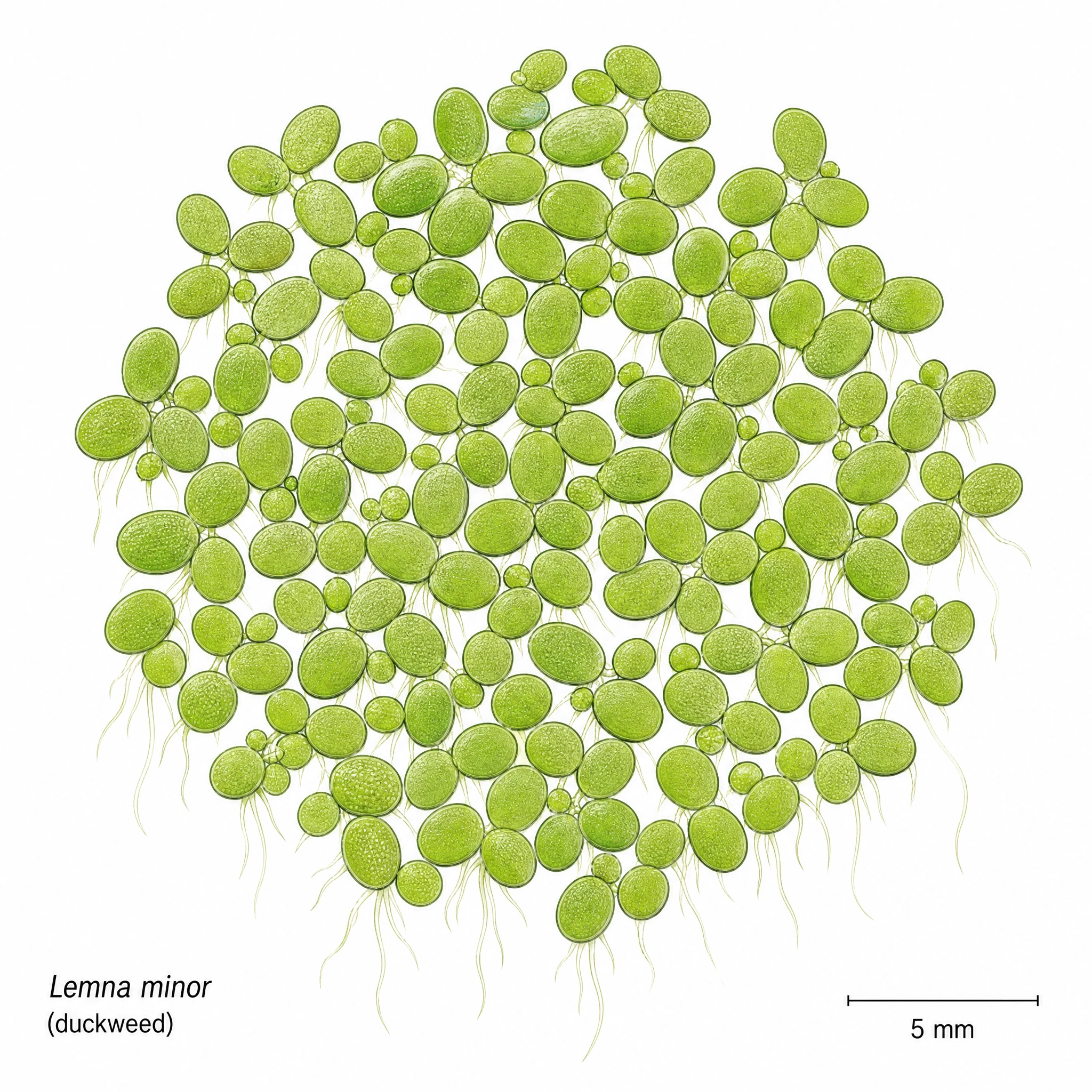 Top-down cluster of Lemna minor duckweed fronds forming a green mat on water (Figure generated with SciFig)