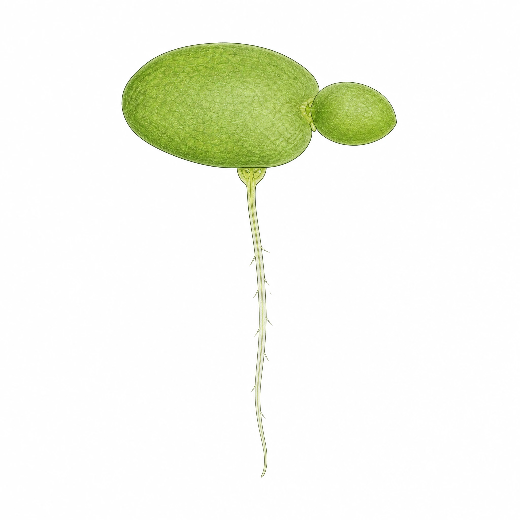 Lemna minor common duckweed with small oval green fronds at the surface and a single hanging root, botany icon (Figure generated with SciFig)