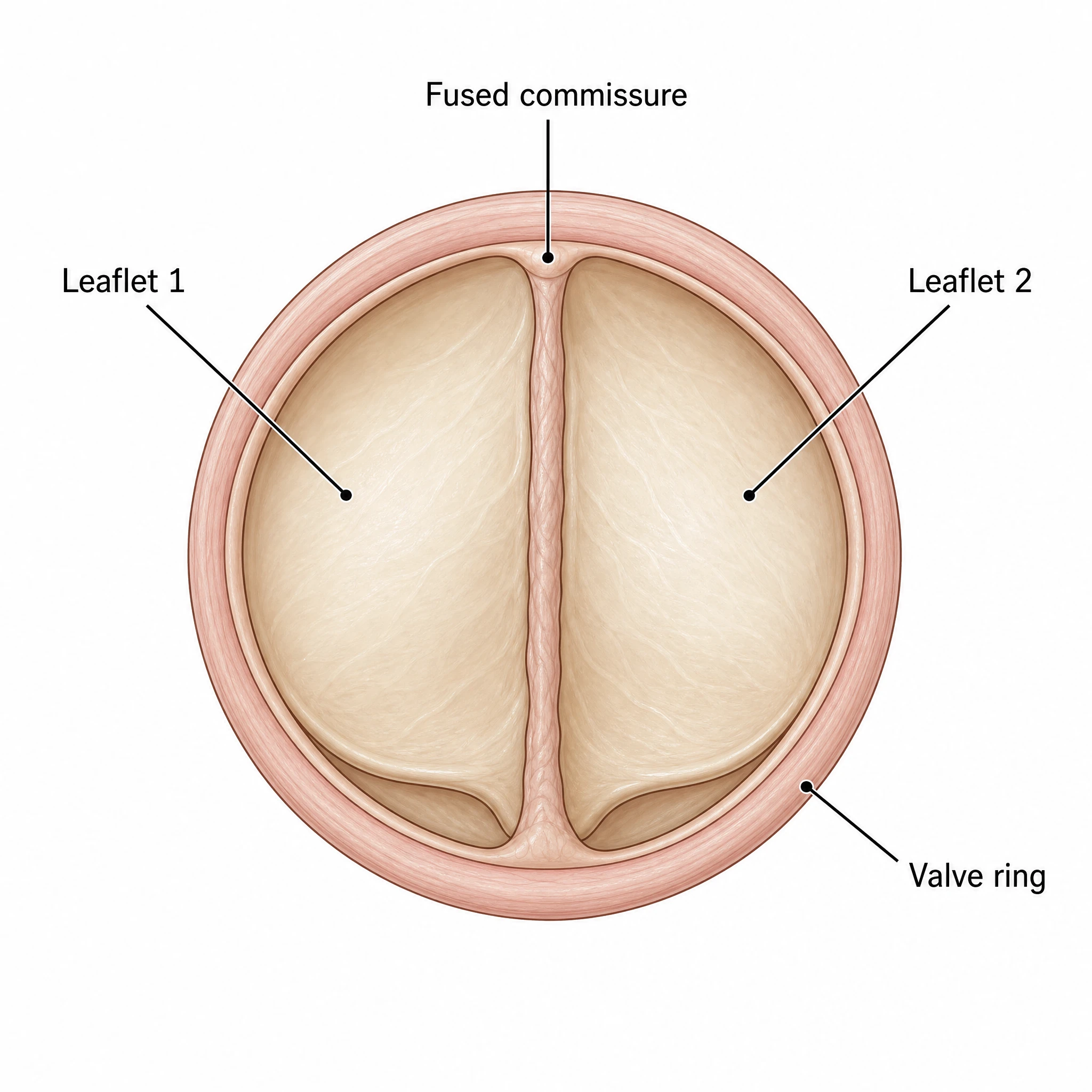 Labeled bicuspid aortic valve diagram naming the two leaflets, fused commissure, and valve ring (Figure generated with SciFig)