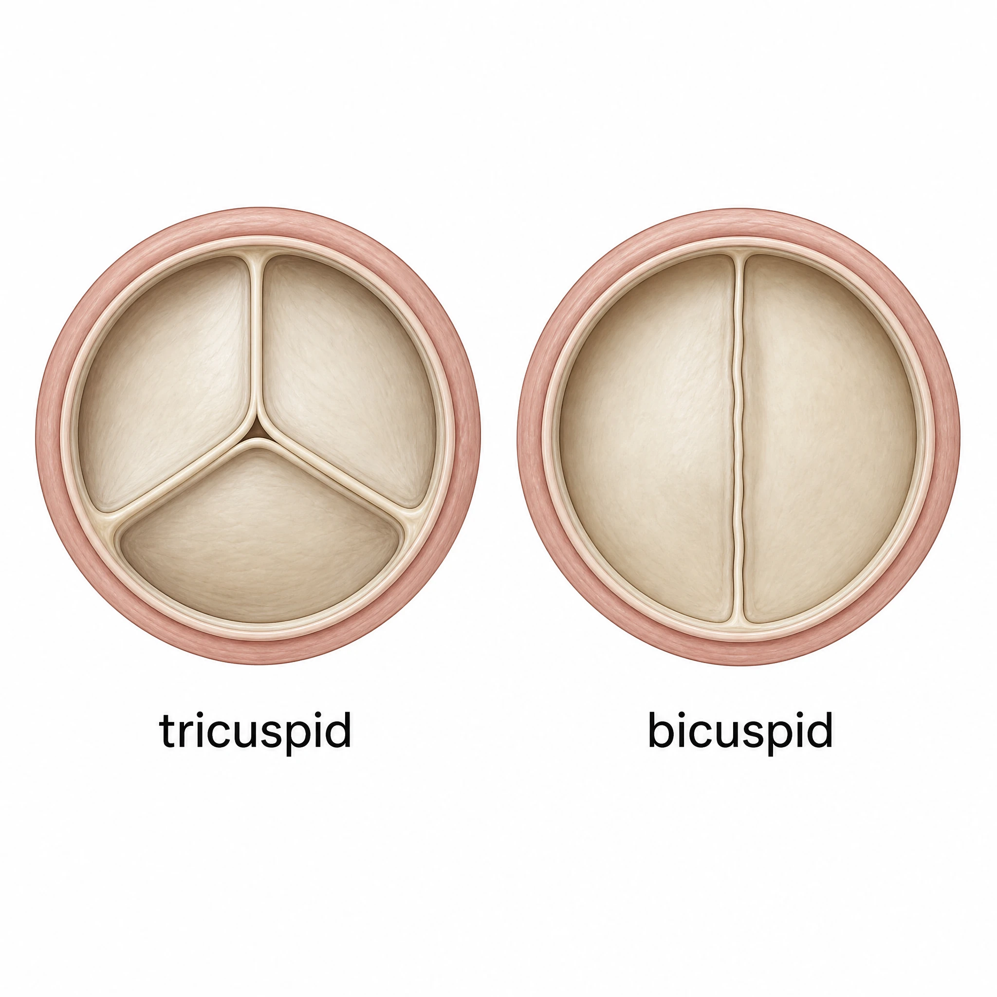 Comparison of a three-leaflet tricuspid aortic valve and a two-leaflet bicuspid aortic valve side by side (Figure generated with SciFig)
