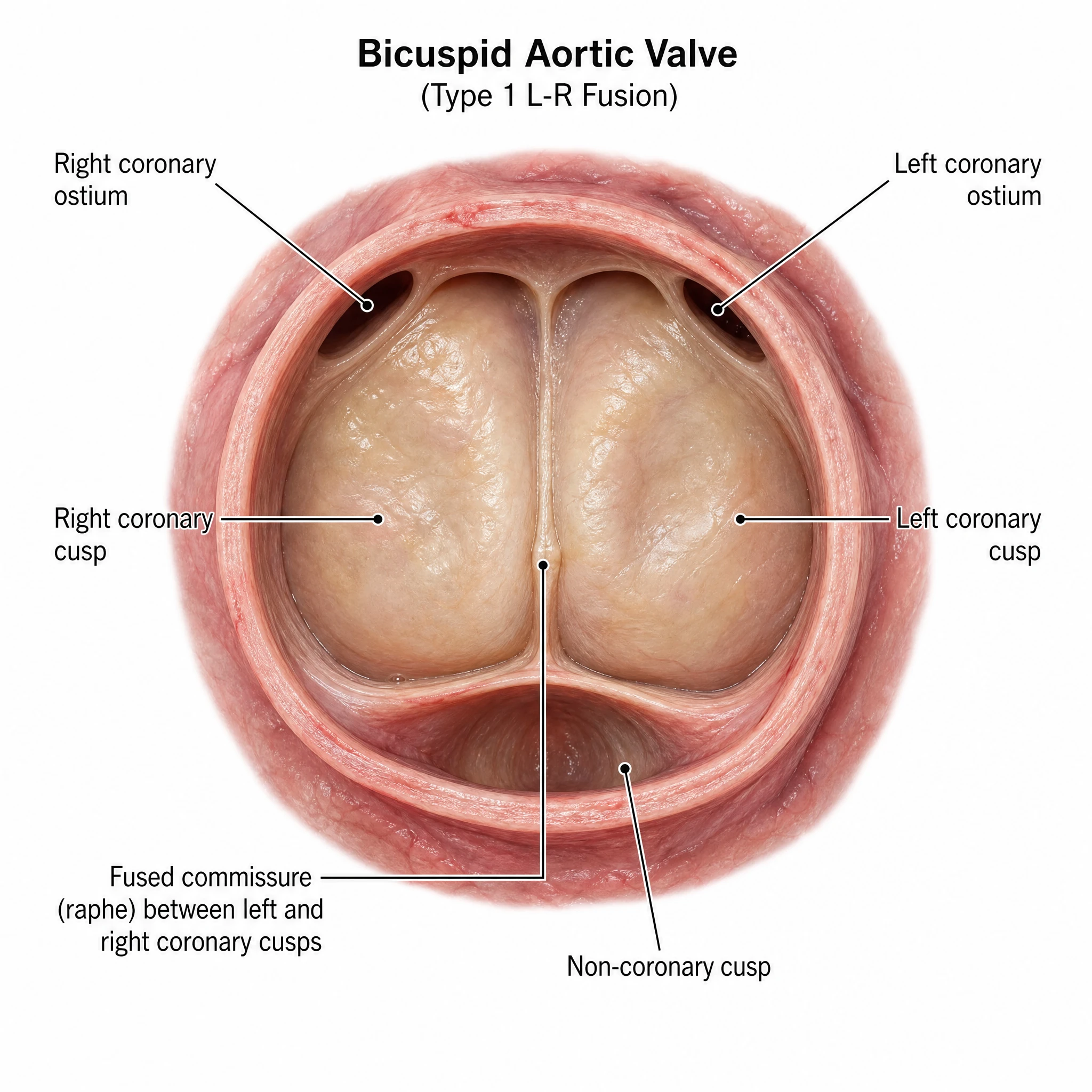 Realistic anatomical illustration of a two-leaflet aortic valve with cusps and fused commissure (Figure generated with SciFig)