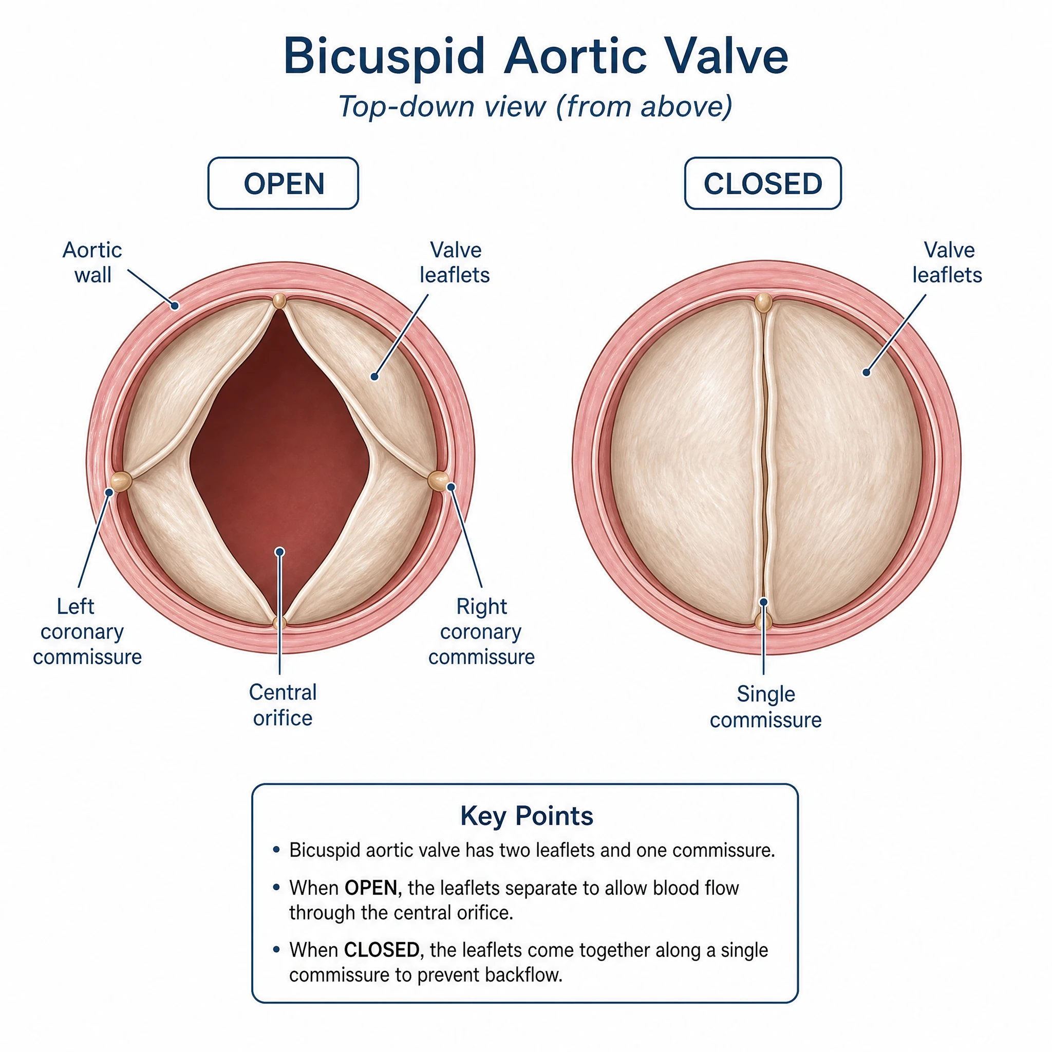 Bicuspid aortic valve shown open and closed with its two leaflets parting and meeting (Figure generated with SciFig)