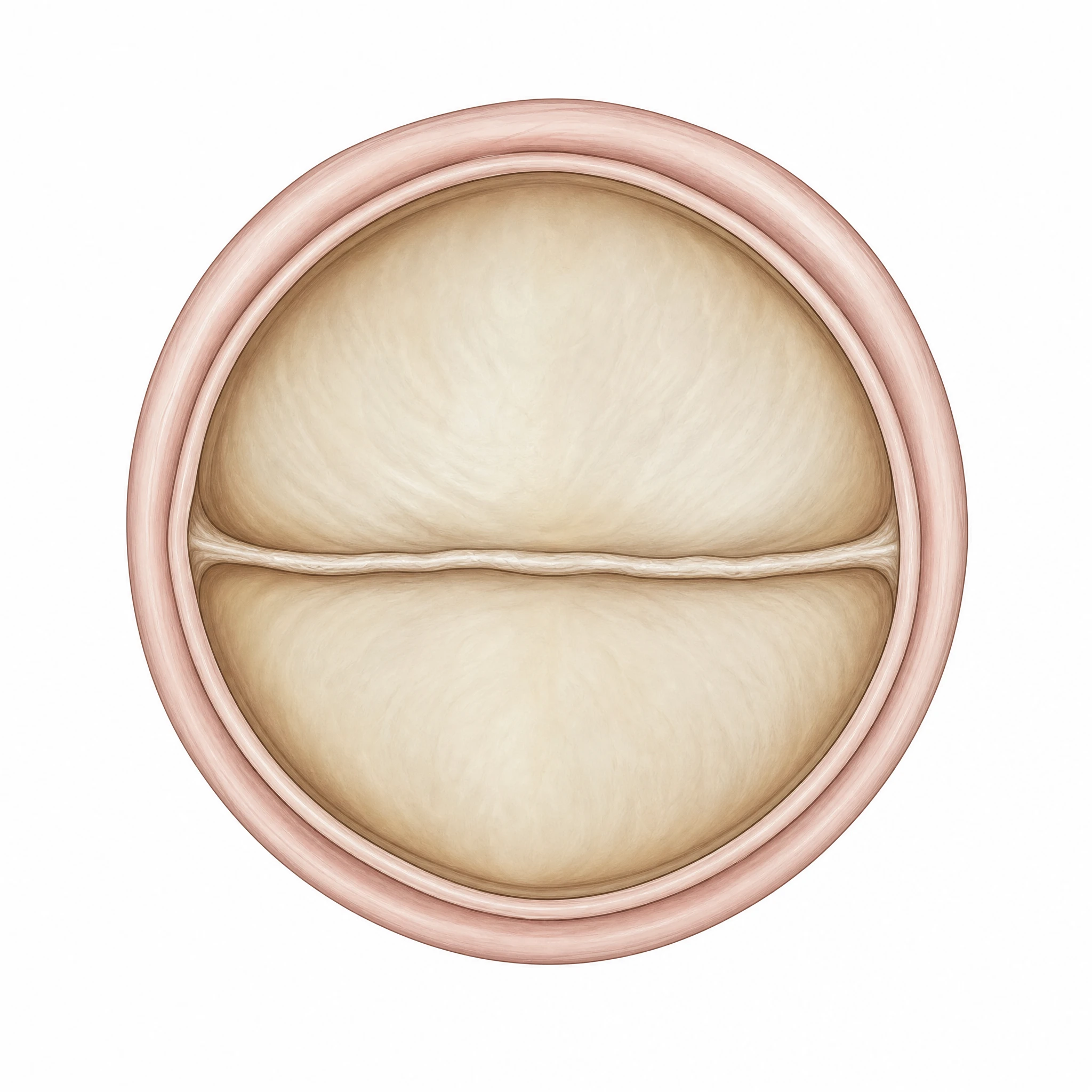 Top-down bicuspid aortic valve with two leaflets and a single fused commissure, cardiology icon (Figure generated with SciFig)