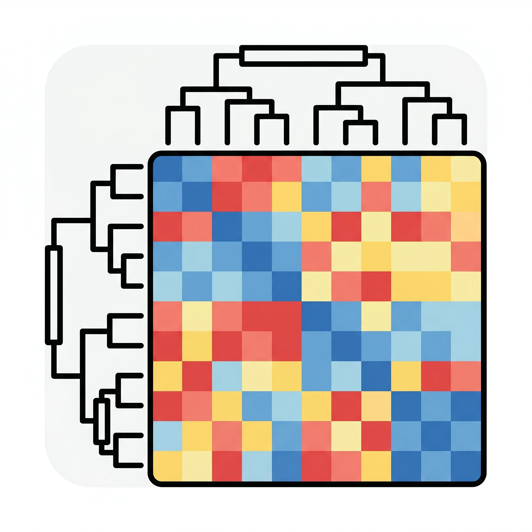 Icon of a clustered heat map with dendrograms grouping rows and columns (Figure generated with SciFig)