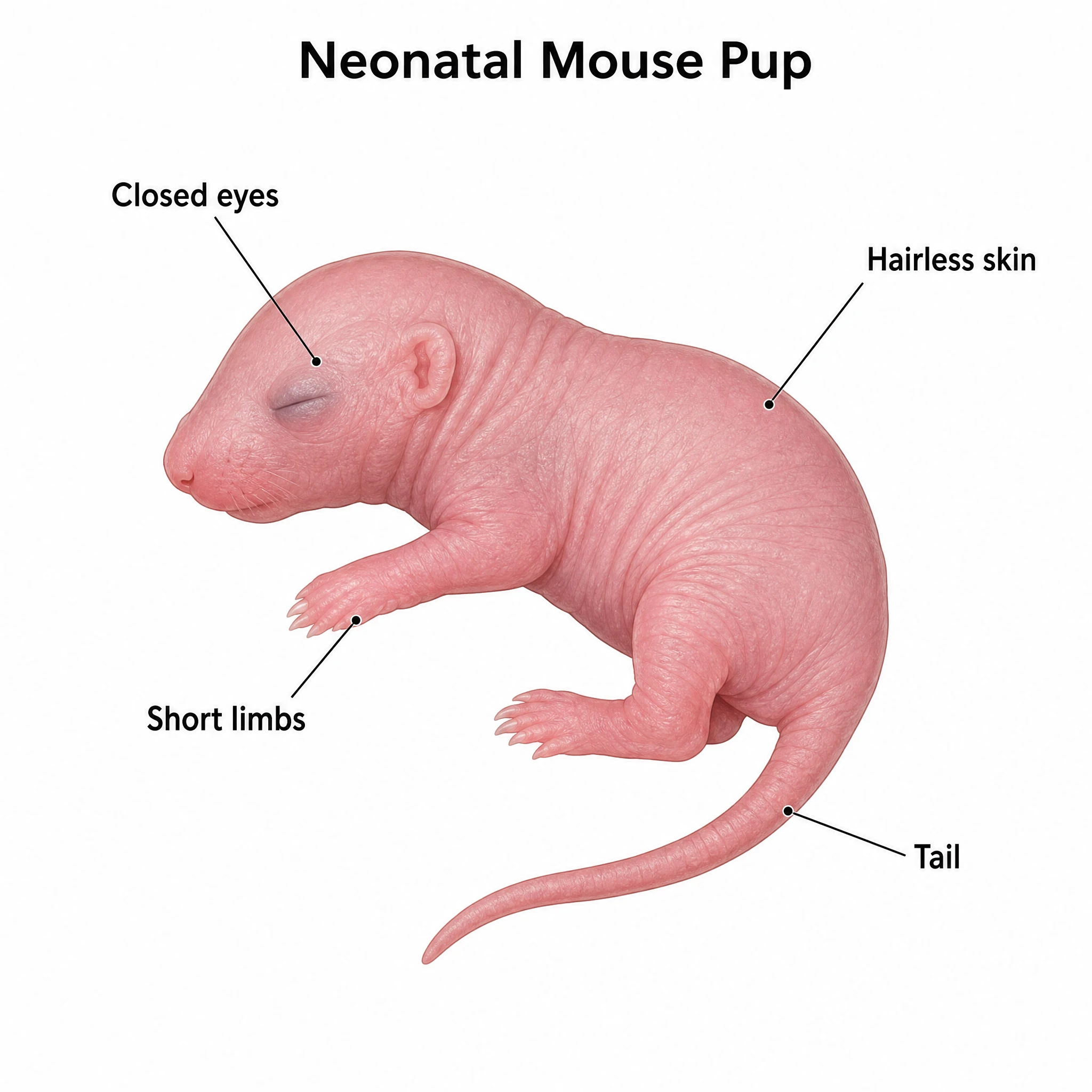 Labeled neonatal mouse pup diagram naming the closed eyes, hairless skin, limbs, and tail (Figure generated with SciFig)