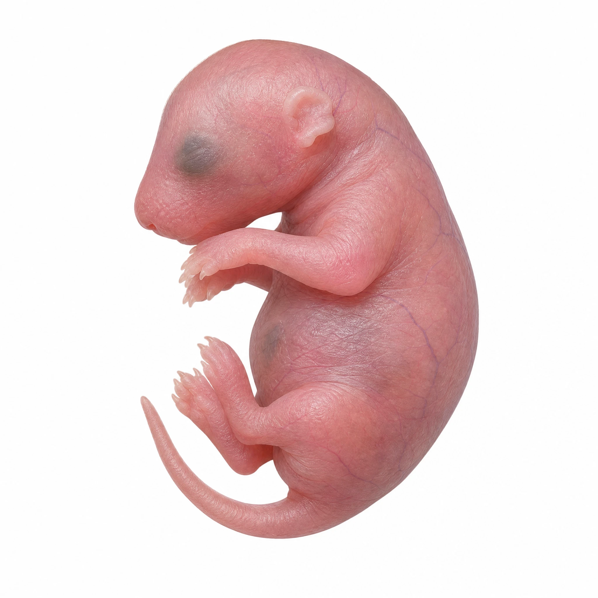 Detailed realistic illustration of a neonatal mouse pup with translucent pink skin (Figure generated with SciFig)