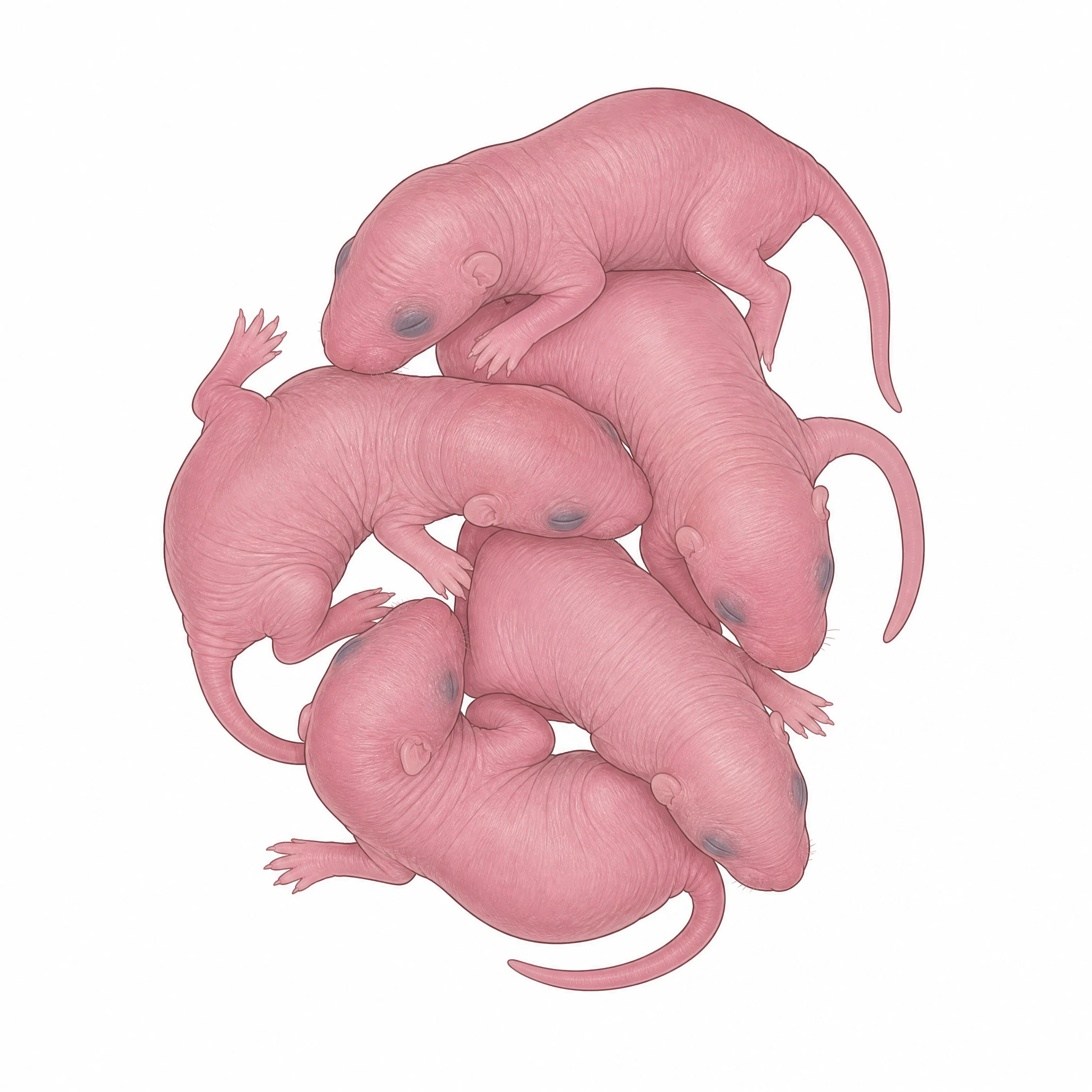 A litter of several hairless pink baby mouse pups huddled together (Figure generated with SciFig)