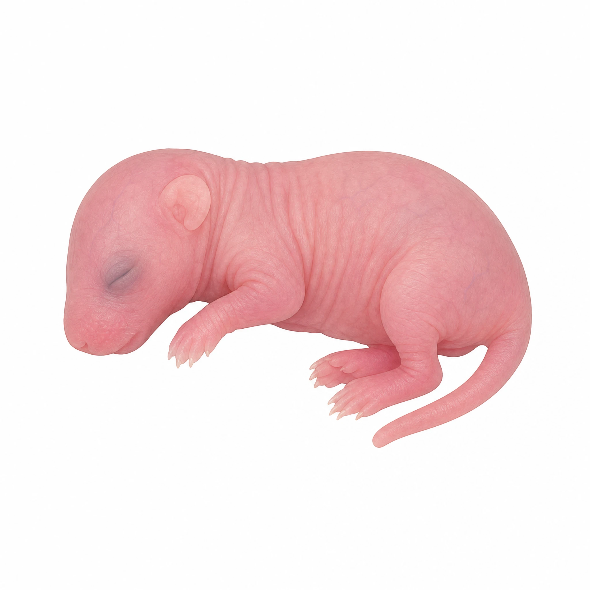 Young neonatal mouse pup, a hairless pink newborn mouse with closed eyes curled on its side, lab-animal icon (Figure generated with SciFig)