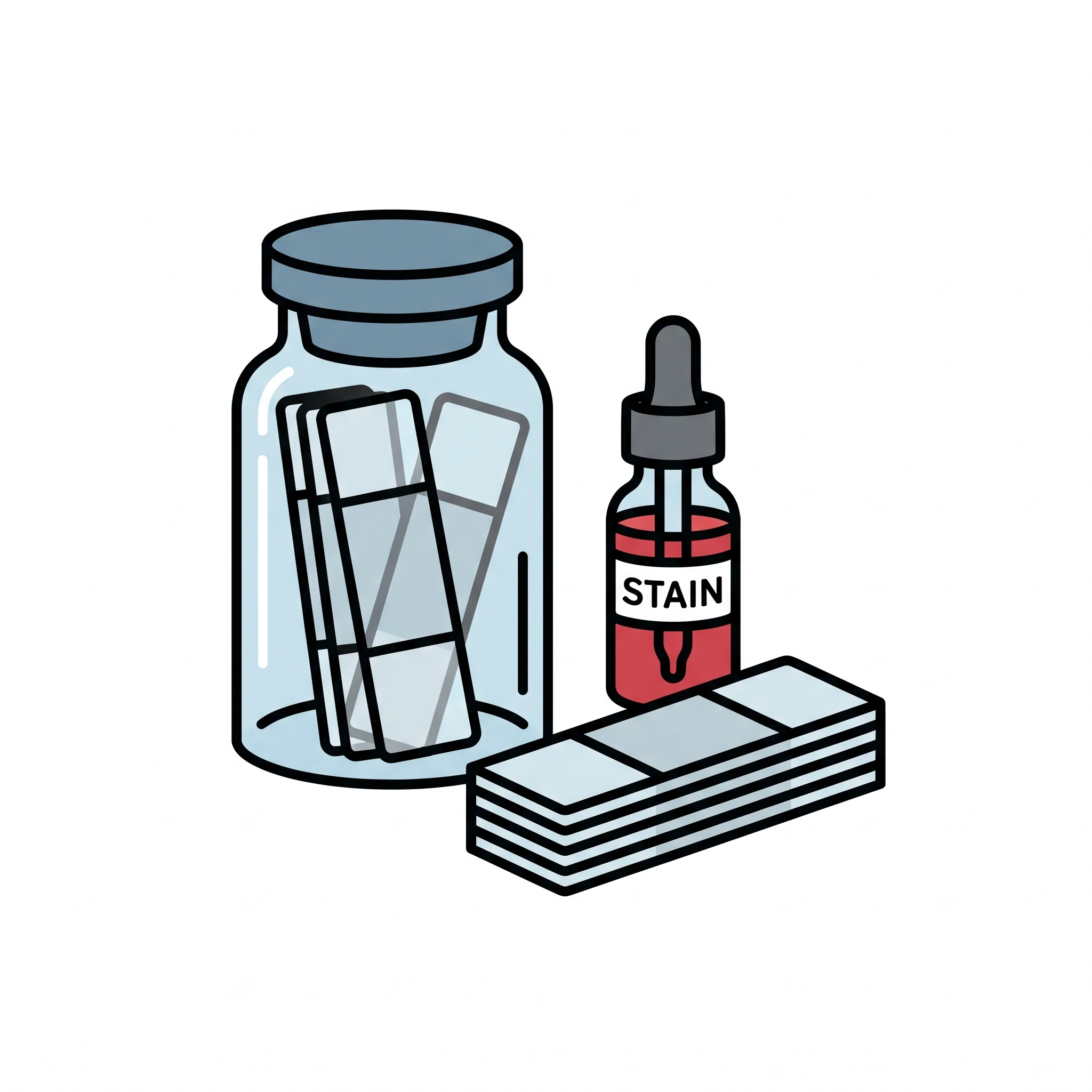Icon of a histology staining set with a Coplin jar, slides, and stain bottle (Figure generated with SciFig)