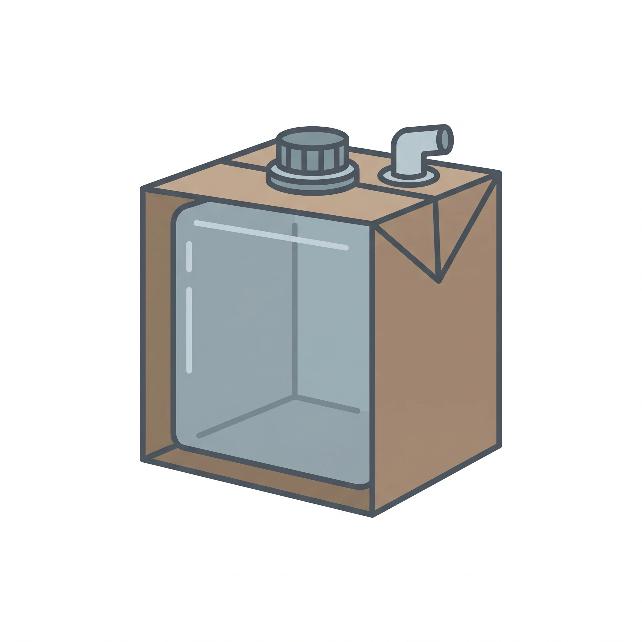 Icon of a 5-gallon cubitainer liquid container with cap and carton (Figure generated with SciFig)