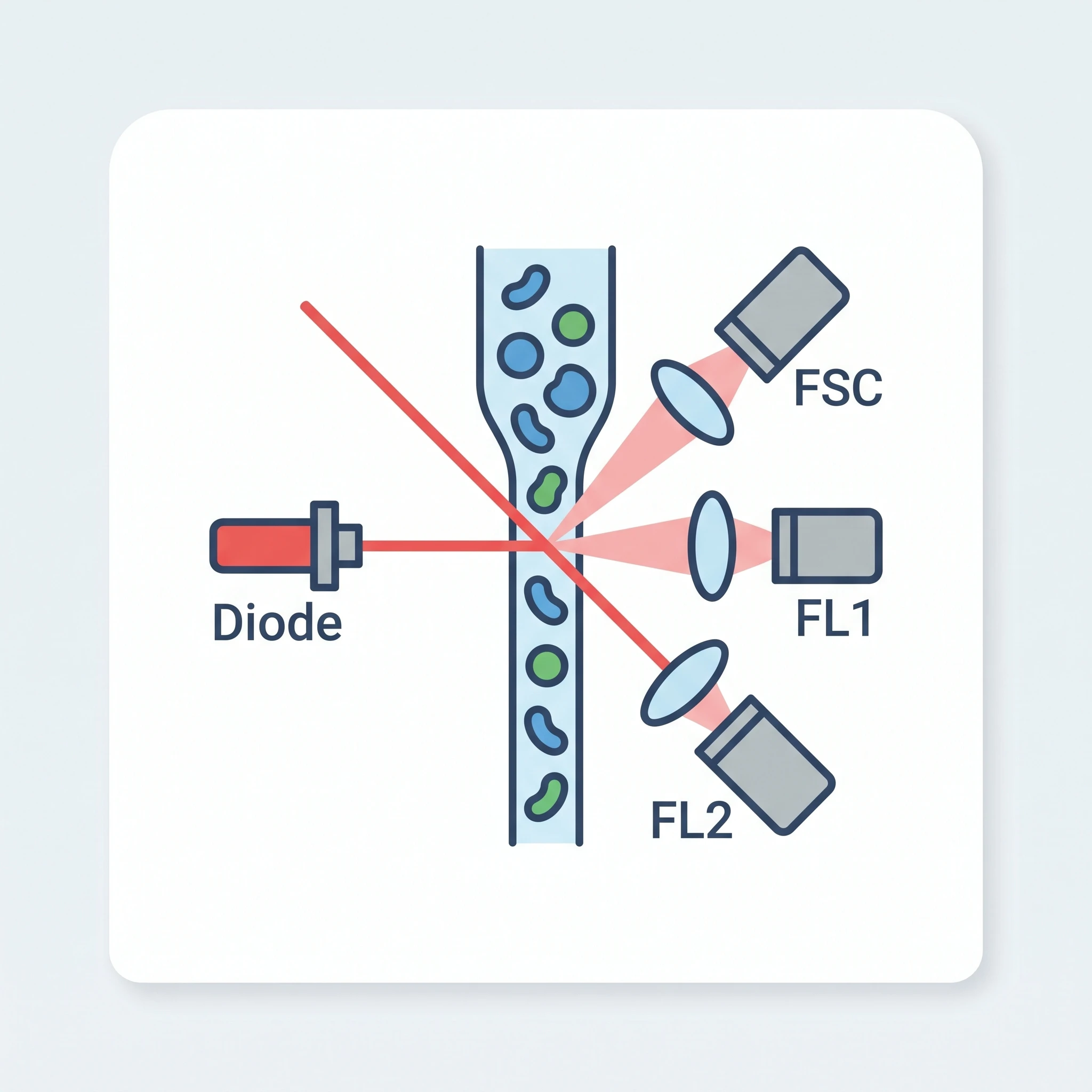 Icon showing the optics and laser path of a flow cytometer (Figure generated with SciFig)