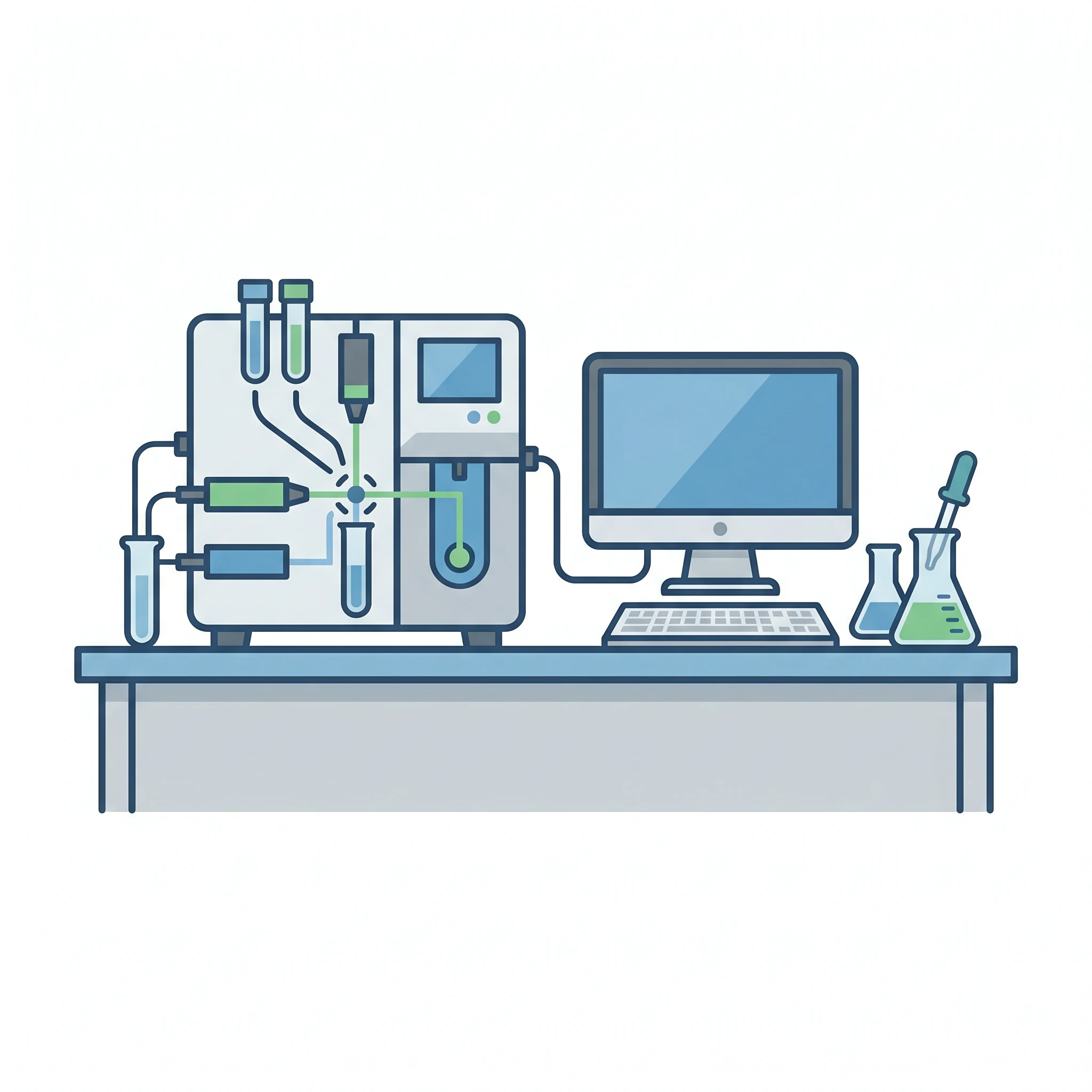 Icon of a flow cytometer connected to a computer on a lab bench (Figure generated with SciFig)