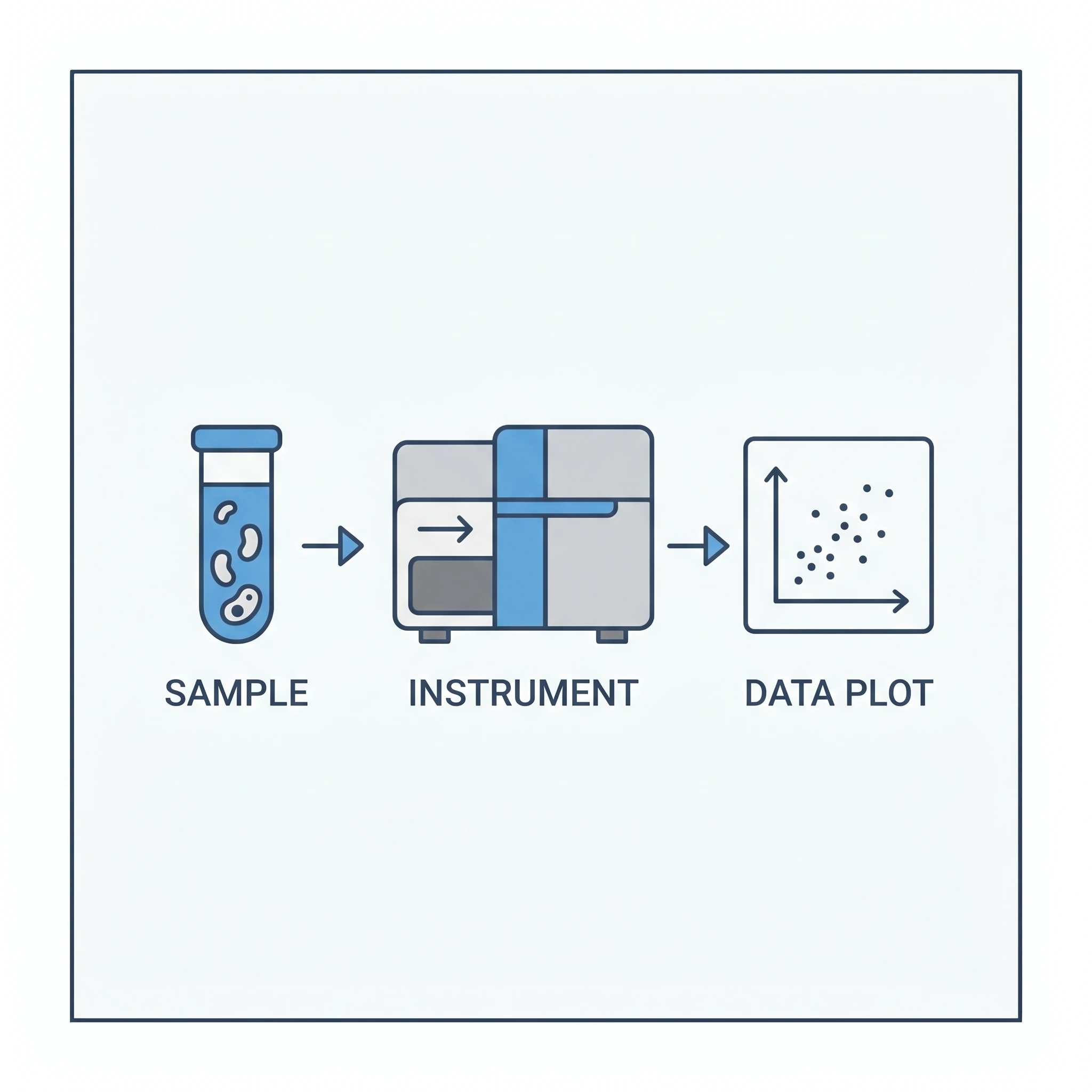 Icon of a simple flow cytometry workflow from sample to instrument to data plot (Figure generated with SciFig)