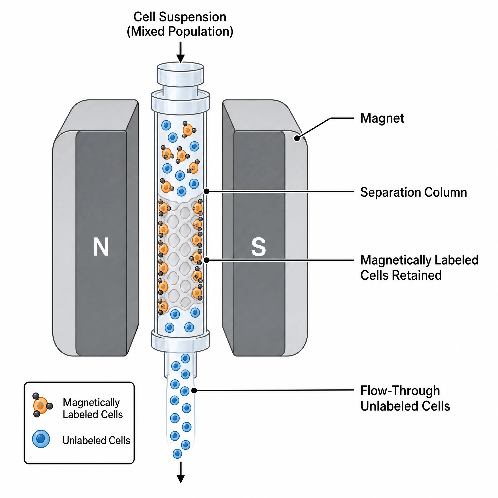 Labeled magnetic cell separation diagram naming the magnet, column, labeled cells, and flow-through (Figure generated with SciFig)