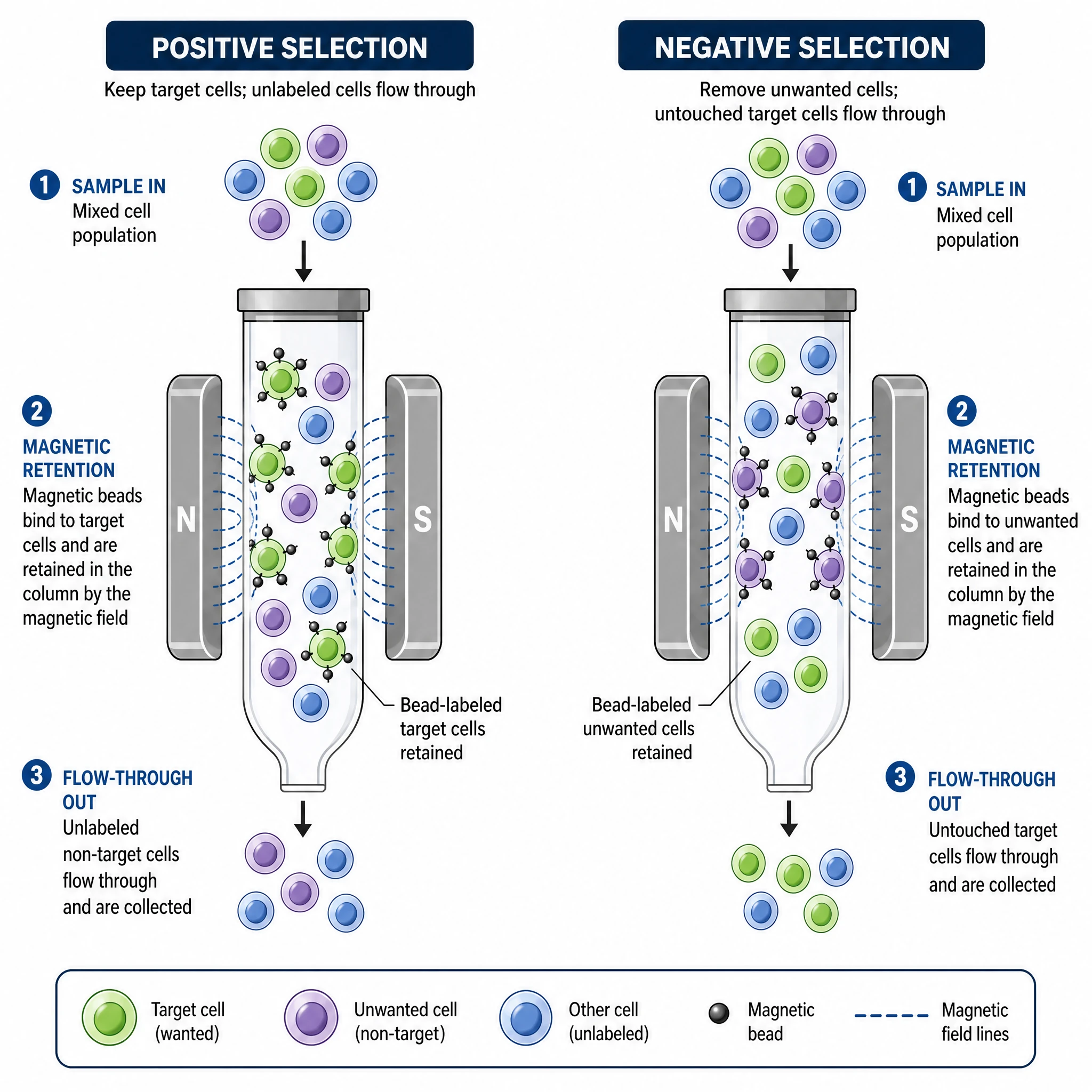 Magnetic bead cell sorting diagram comparing positive and negative selection with two columns in magnets (Figure generated with SciFig)