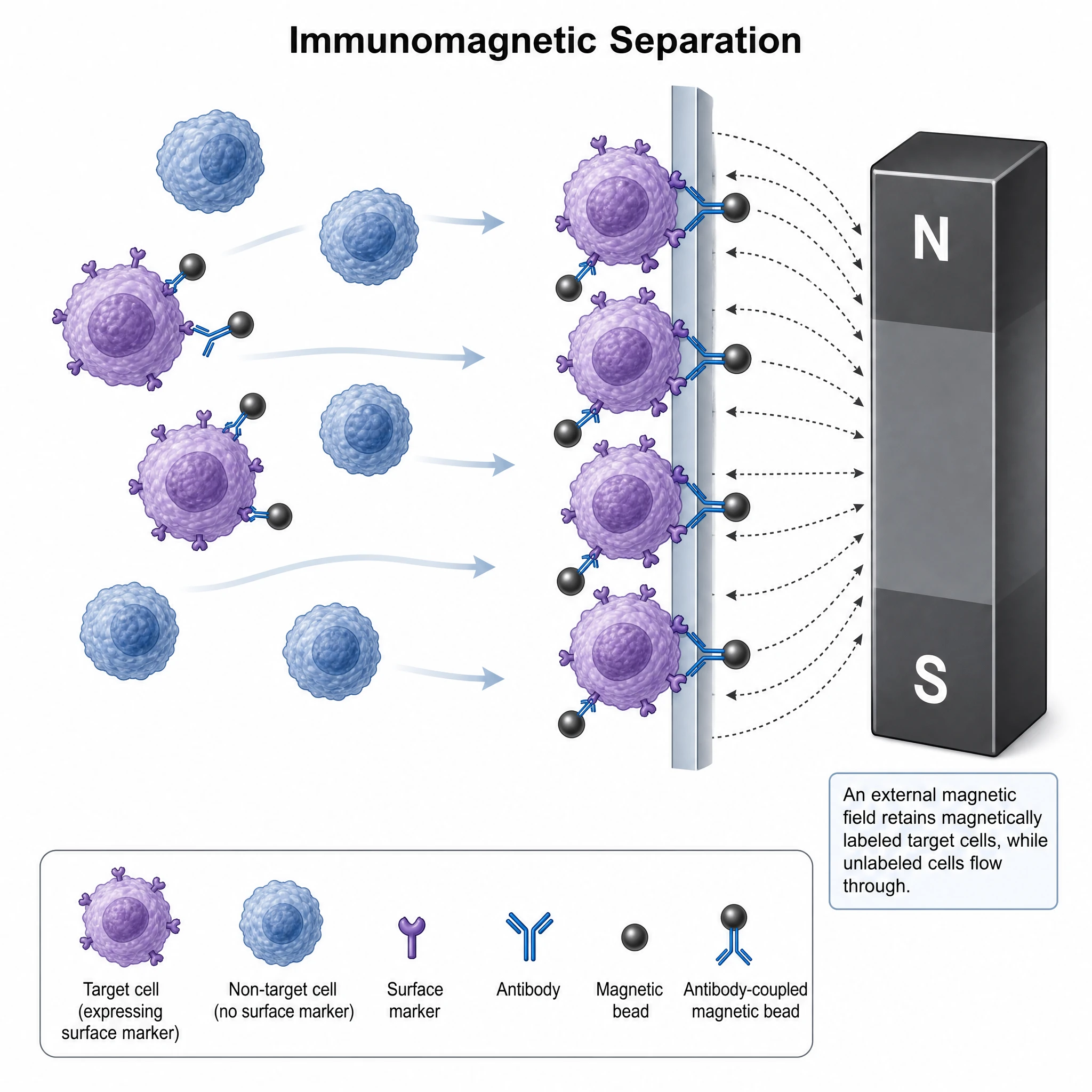 Immunomagnetic separation illustration showing magnetic beads binding surface markers on labeled cells (Figure generated with SciFig)