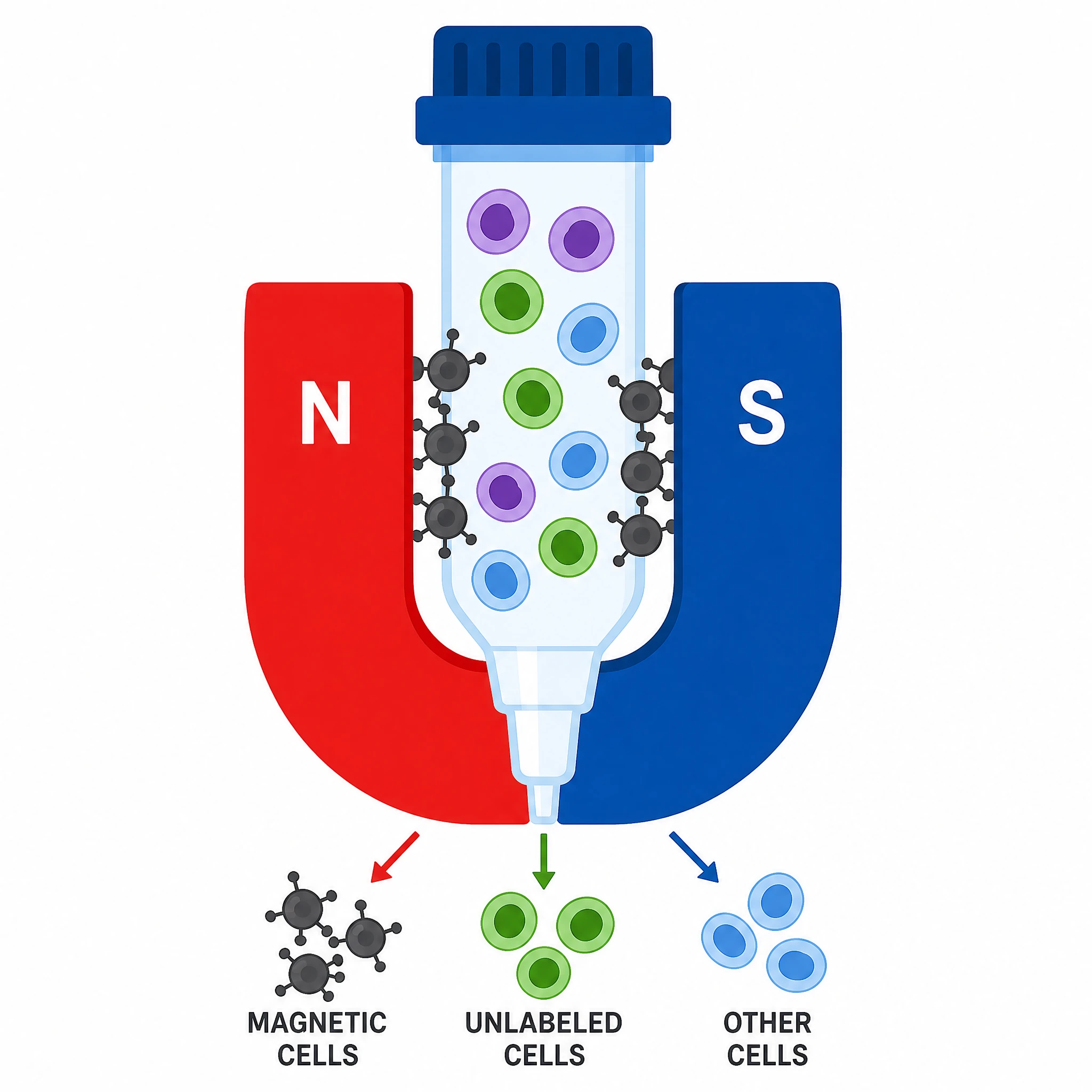 Simple flat clipart cell isolation magnet with a stylized column and colored cells (Figure generated with SciFig)