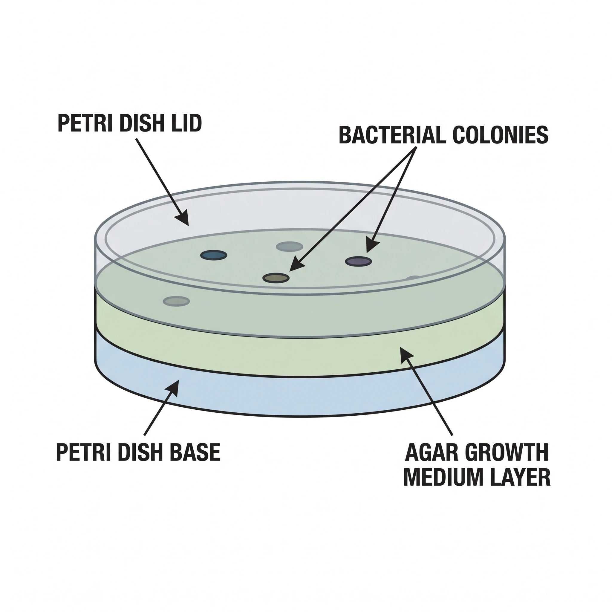 Labeled petri dish diagram showing lid, base, agar medium, and colonies with callouts (Figure generated with SciFig)