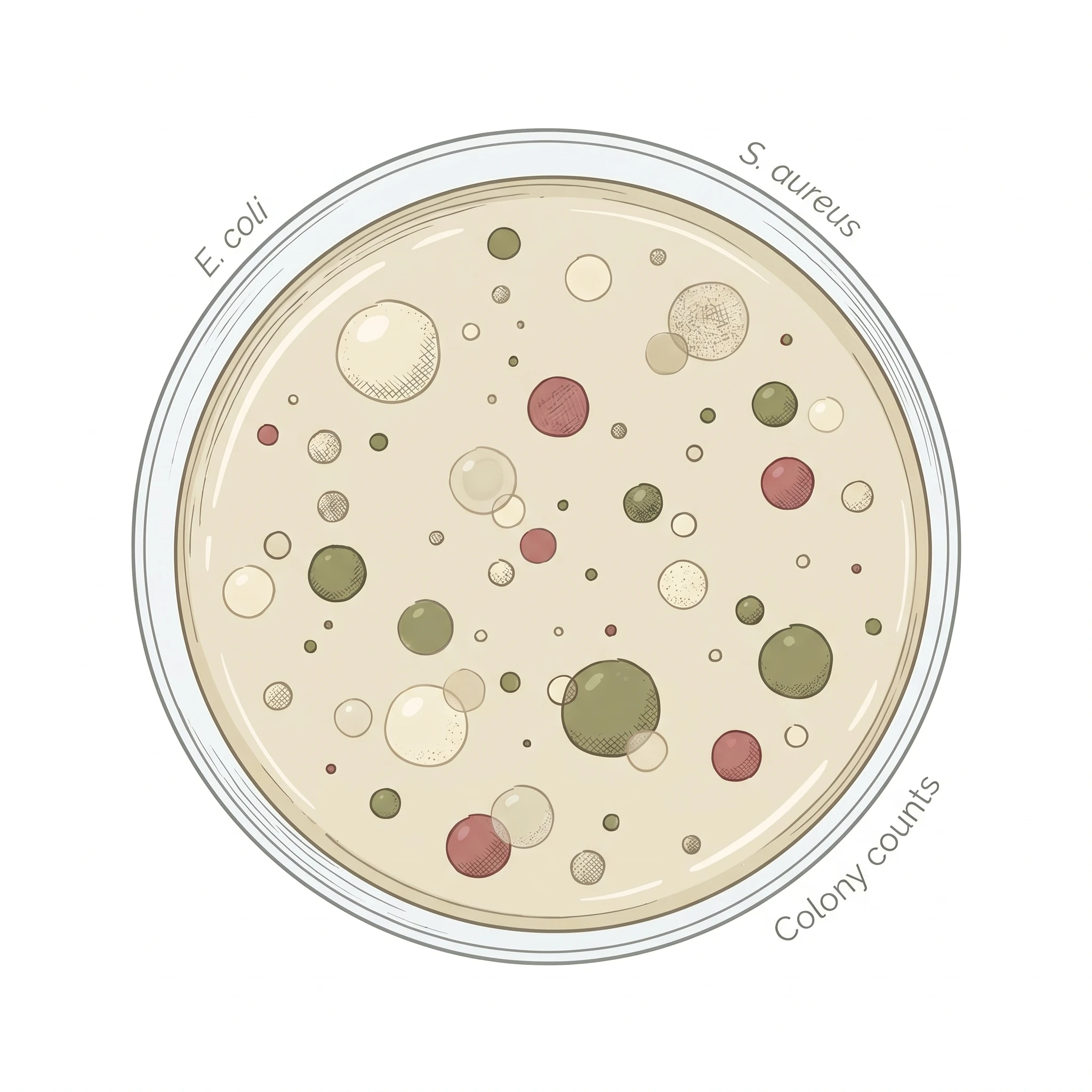 Detailed illustration of a petri dish covered with bacterial colonies of varying sizes (Figure generated with SciFig)