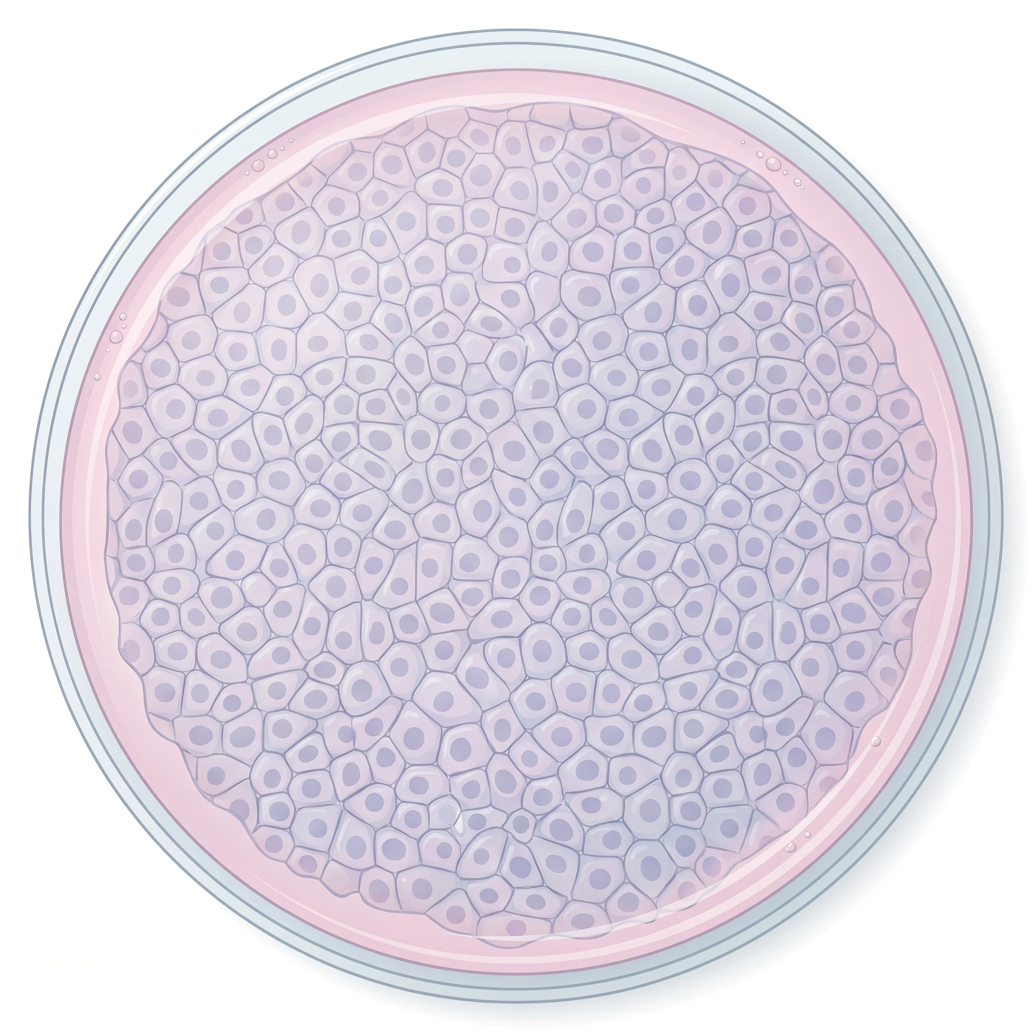 Petri dish containing a confluent layer of cultured cells in pink medium (Figure generated with SciFig)