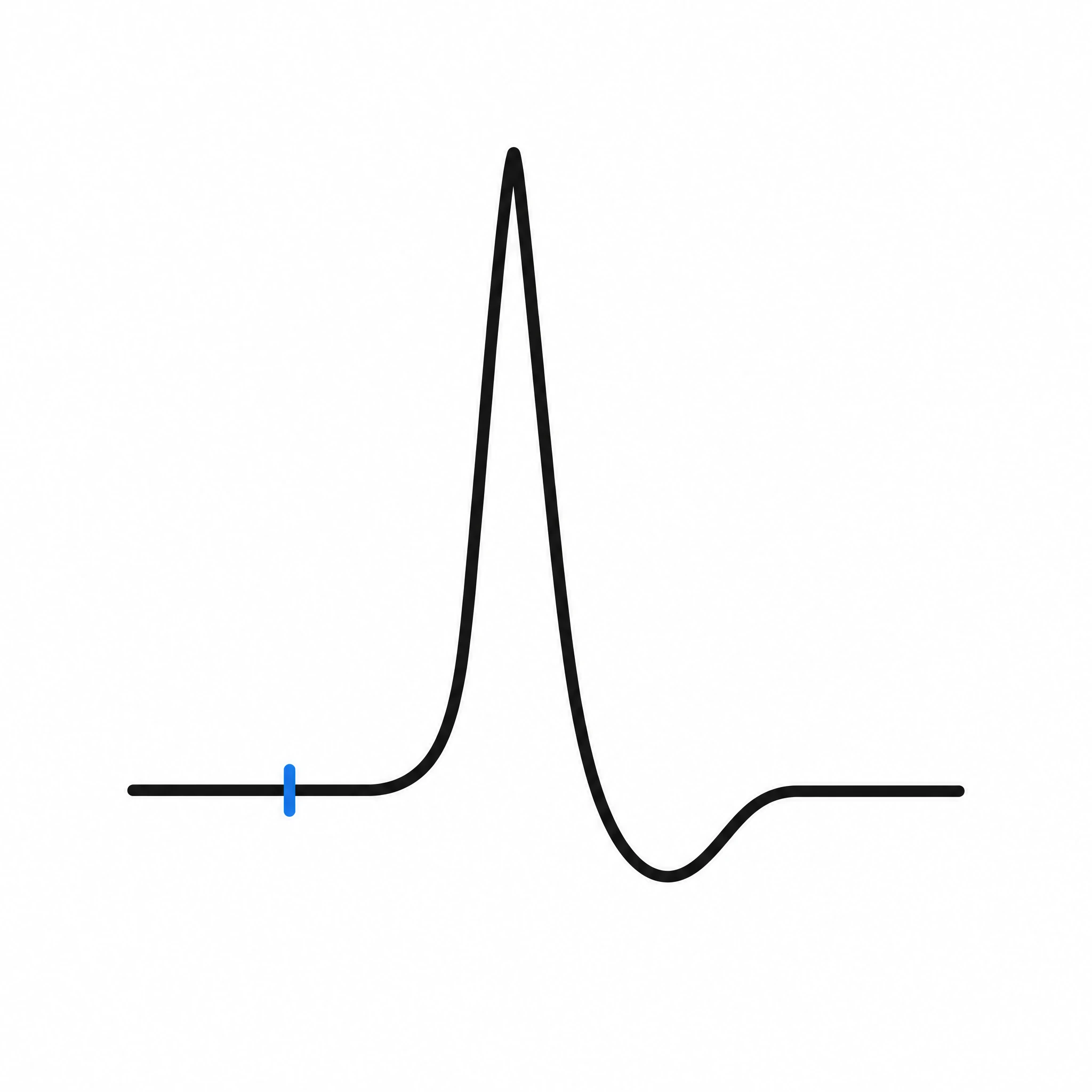Minimal monochrome action potential spike waveform icon with a threshold tick (Figure generated with SciFig)