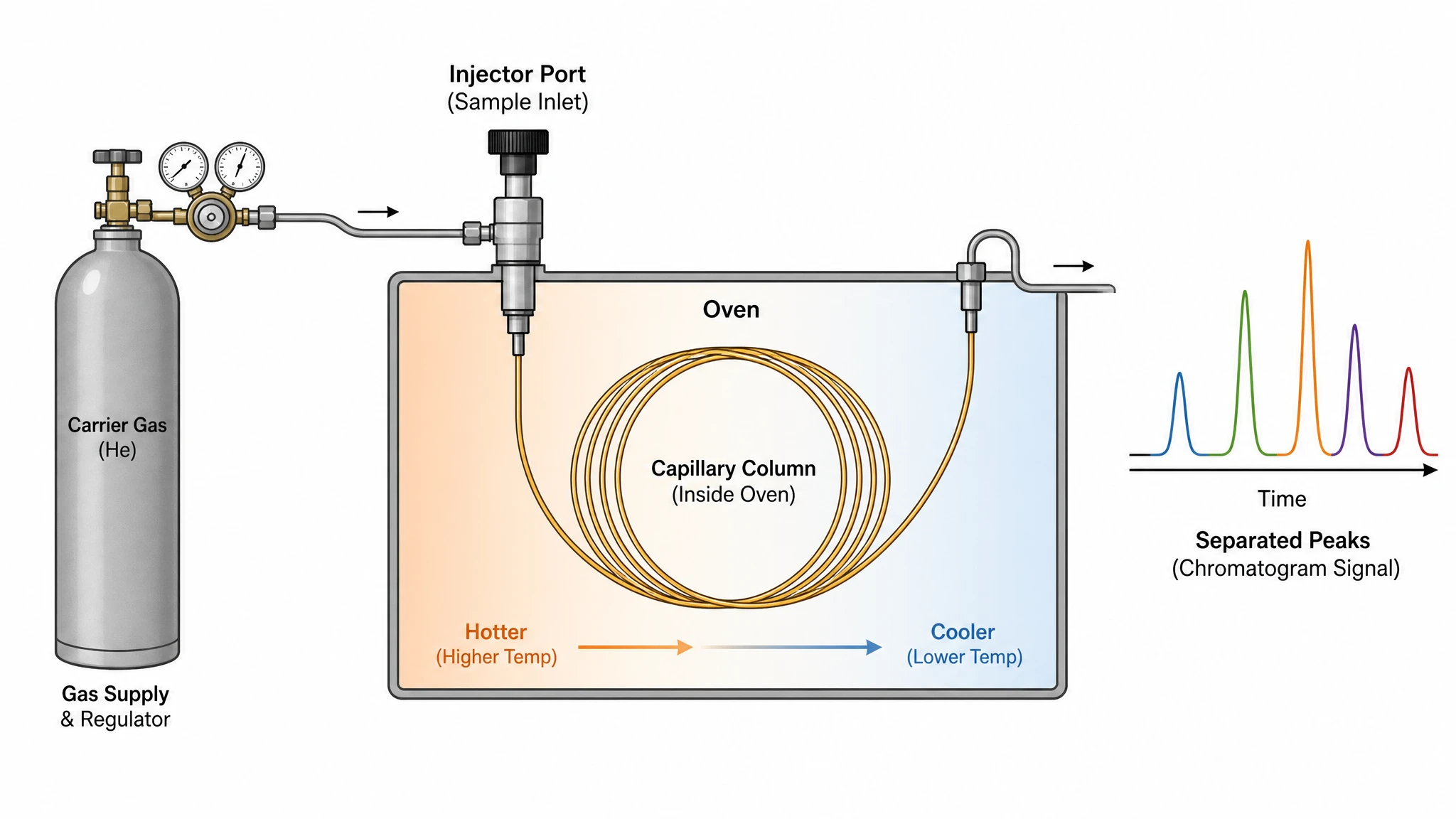 Gas chromatography schematic showing carrier gas, injector, and coiled column inside a heated oven (Figure generated with SciFig)