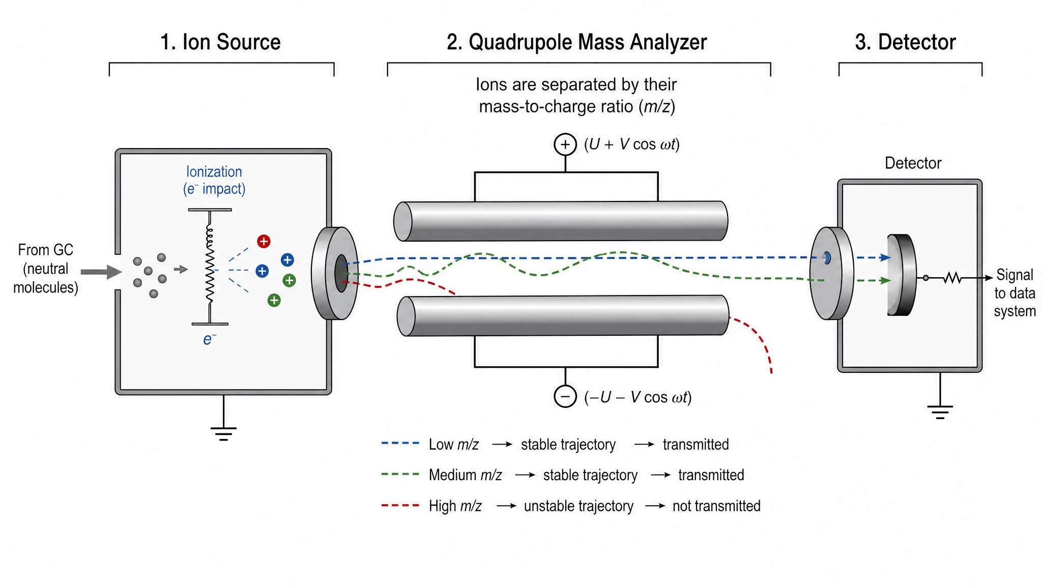 Mass spectrometry schematic showing ion source, quadrupole mass analyzer, and detector with ion paths (Figure generated with SciFig)