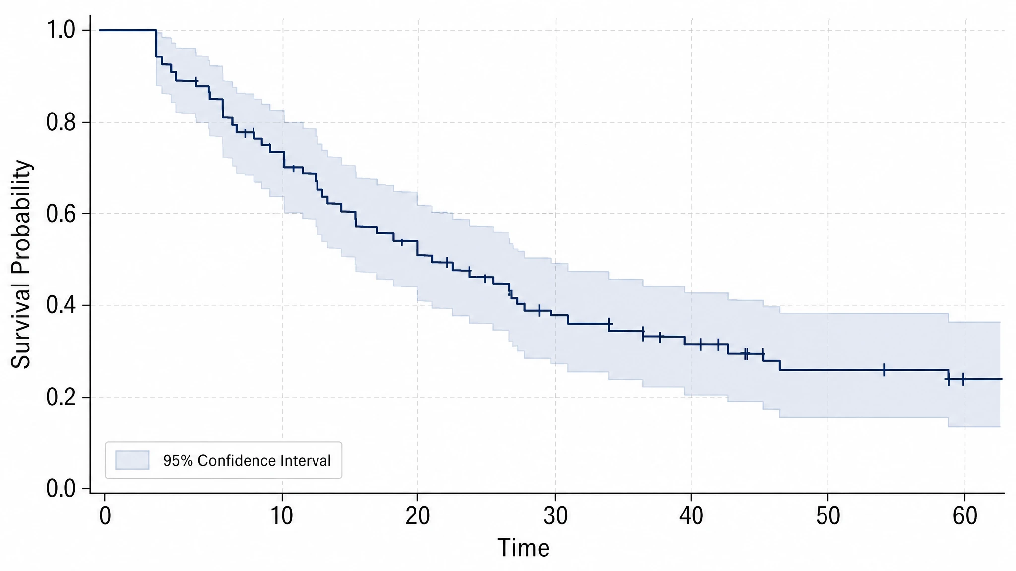 Single-group KM survival curve with a stepwise line, censoring tick marks, and a shaded 95 percent confidence interval (Figure generated with SciFig)