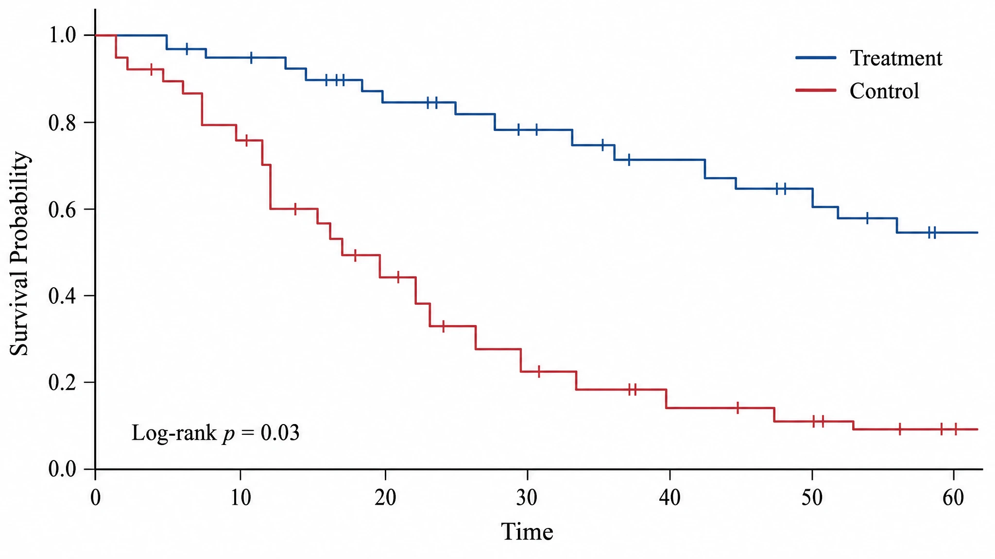 Two Kaplan-Meier curves compared on shared axes with a legend and annotated log-rank p-value (Figure generated with SciFig)