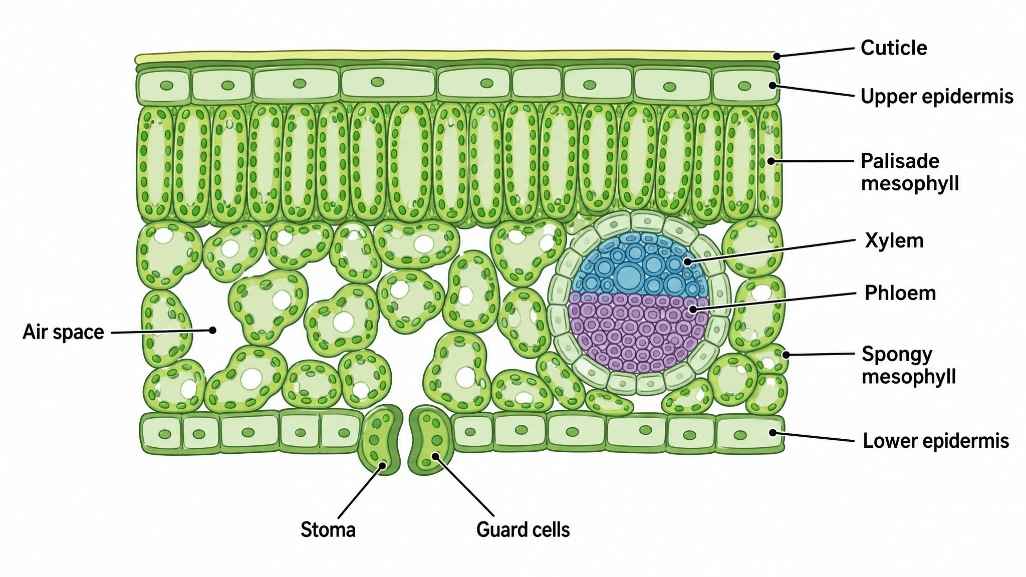 Fully labeled cross section of a leaf diagram with every tissue layer annotated from cuticle to stomata (Figure generated with SciFig)
