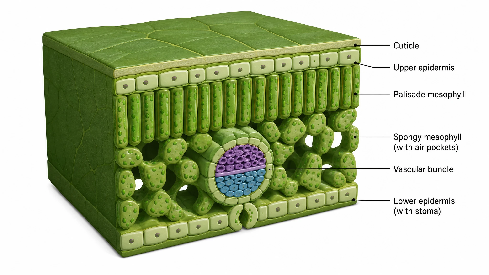 3D cutaway cross section diagram of a leaf block showing stacked tissue layers in perspective (Figure generated with SciFig)