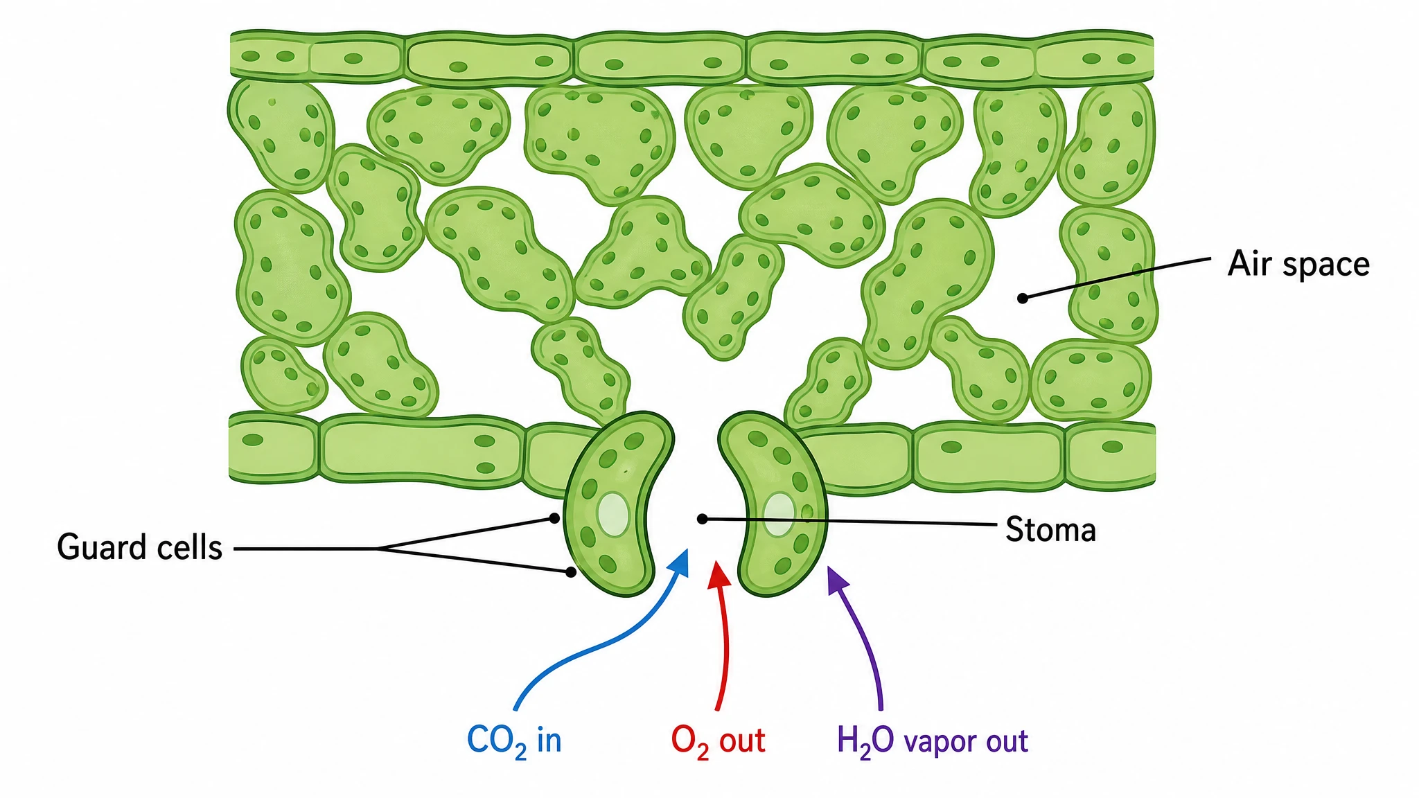 Cross section of a leaf showing gas exchange through an open stoma between guard cells with carbon dioxide and oxygen arrows (Figure generated with SciFig)