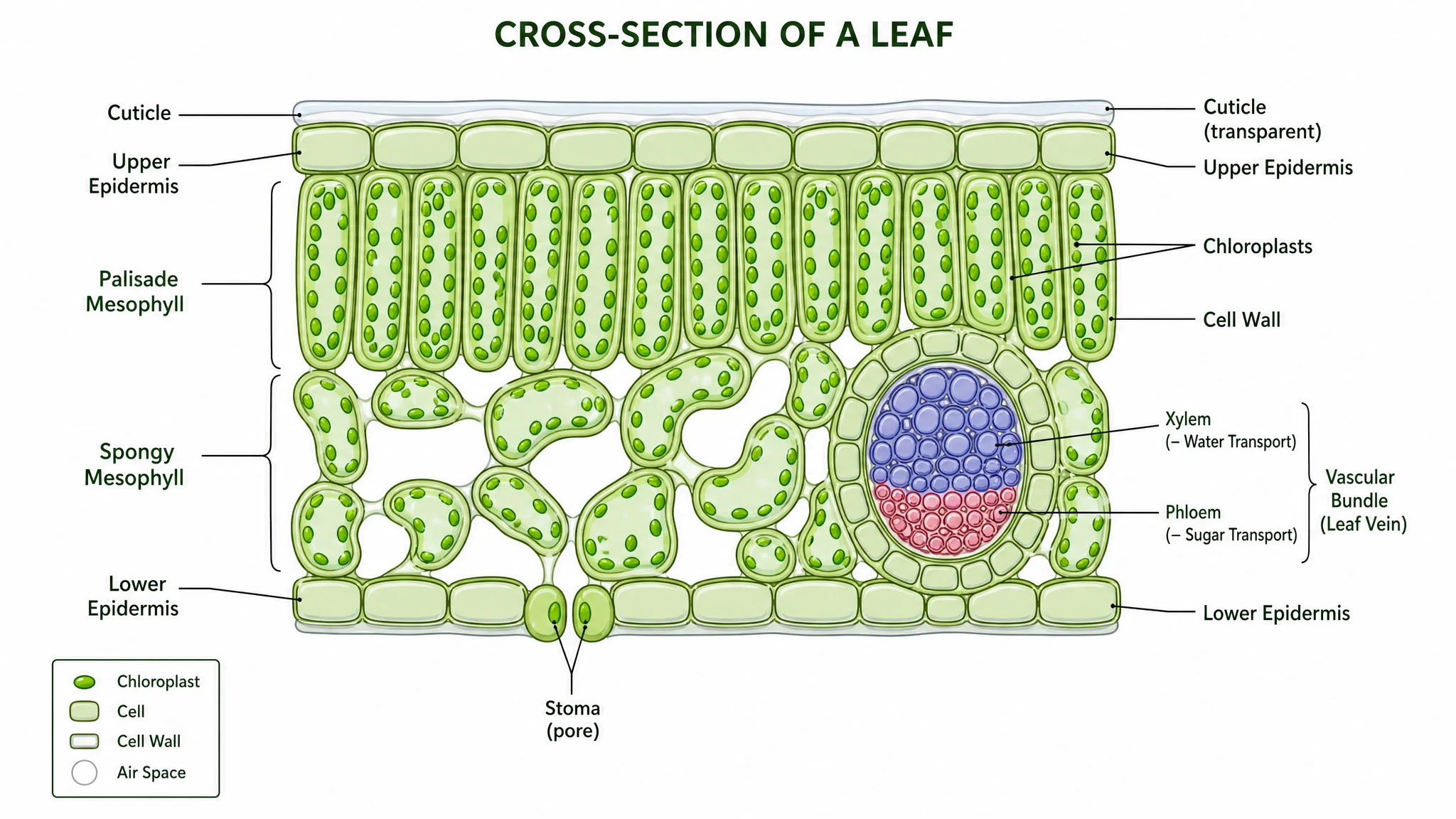 Cellular model of a leaf cross section showing mesophyll cells filled with chloroplasts and the vascular bundle (Figure generated with SciFig)