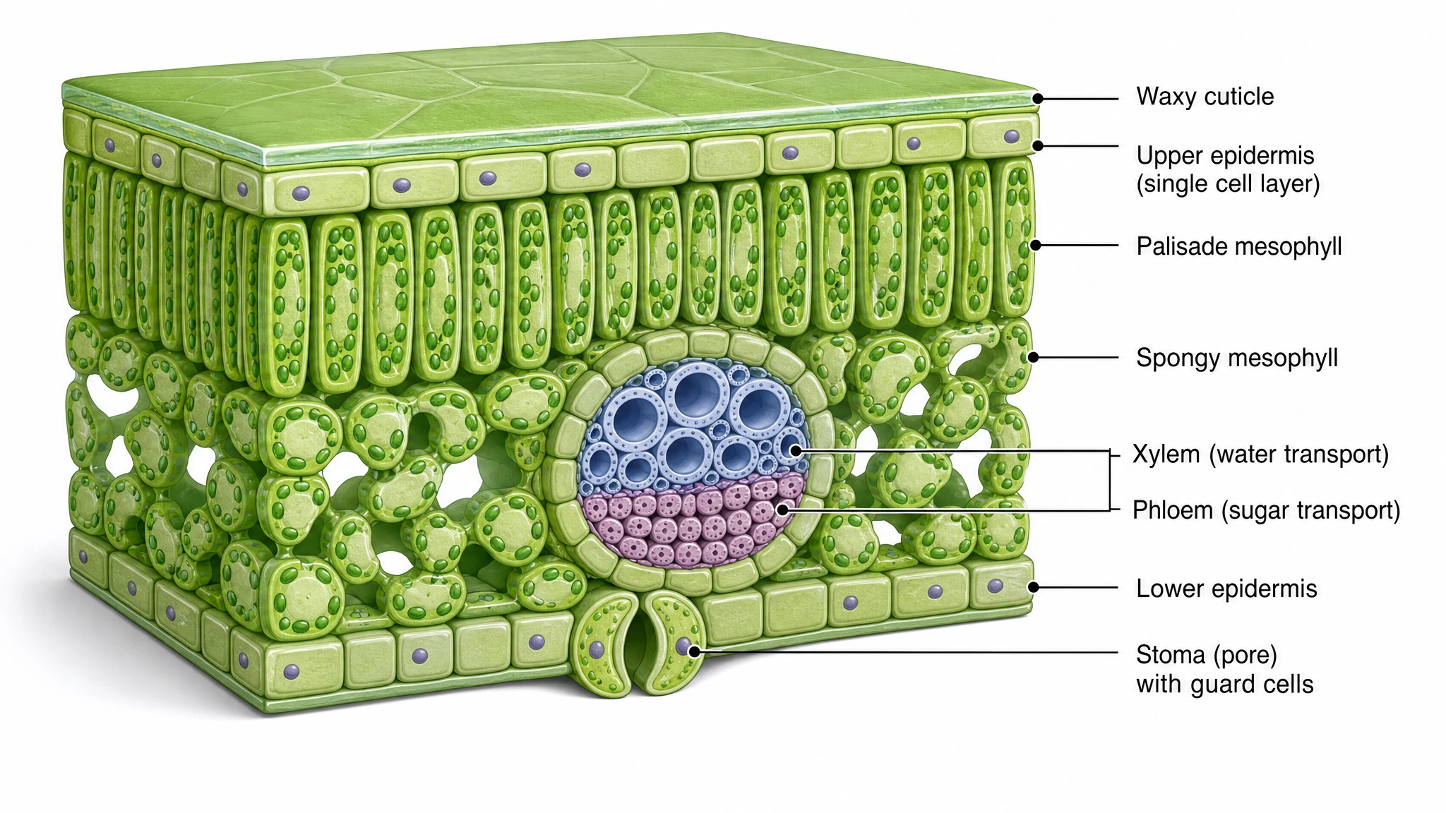3D cross section of a leaf labeled diagram showing the cuticle, epidermis, palisade and spongy mesophyll, vascular bundle with xylem and phloem, and stomata with guard cells (Figure generated with SciFig)