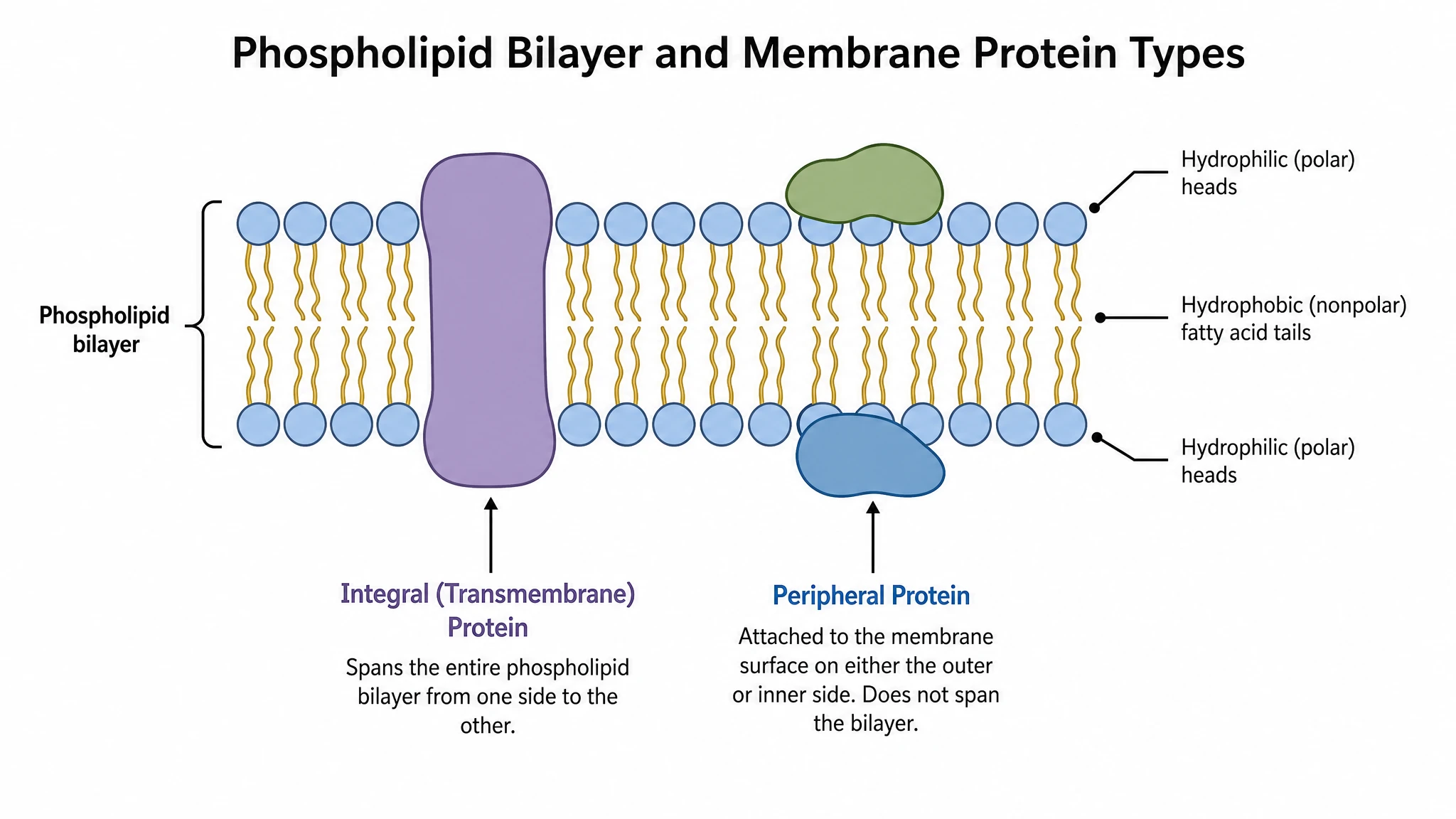 Comparative diagram of integral transmembrane and peripheral membrane protein types within the lipid bilayer (Figure generated with SciFig)