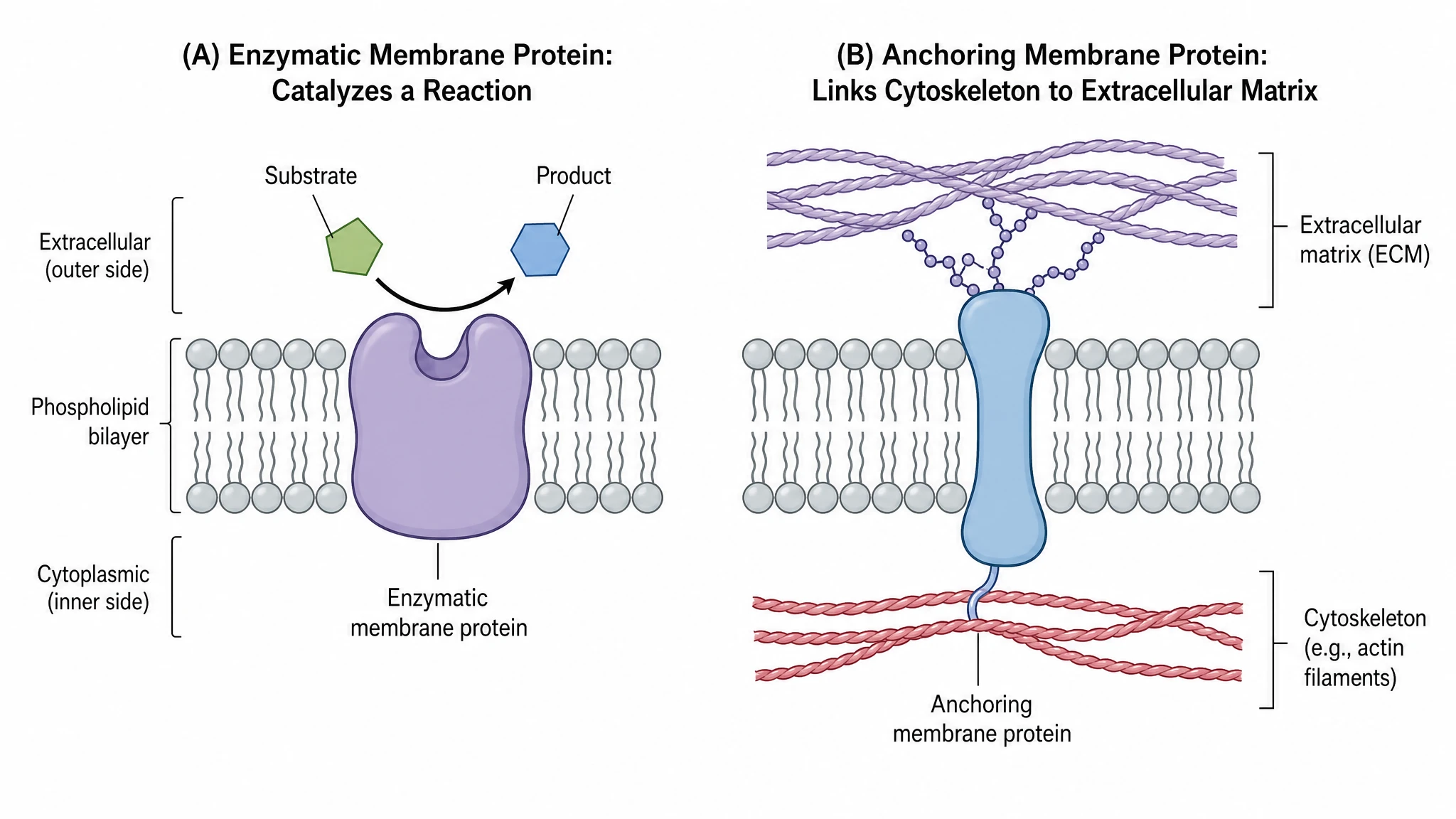 Diagram of an enzymatic membrane protein and an anchoring protein linking cytoskeleton to extracellular matrix (Figure generated with SciFig)