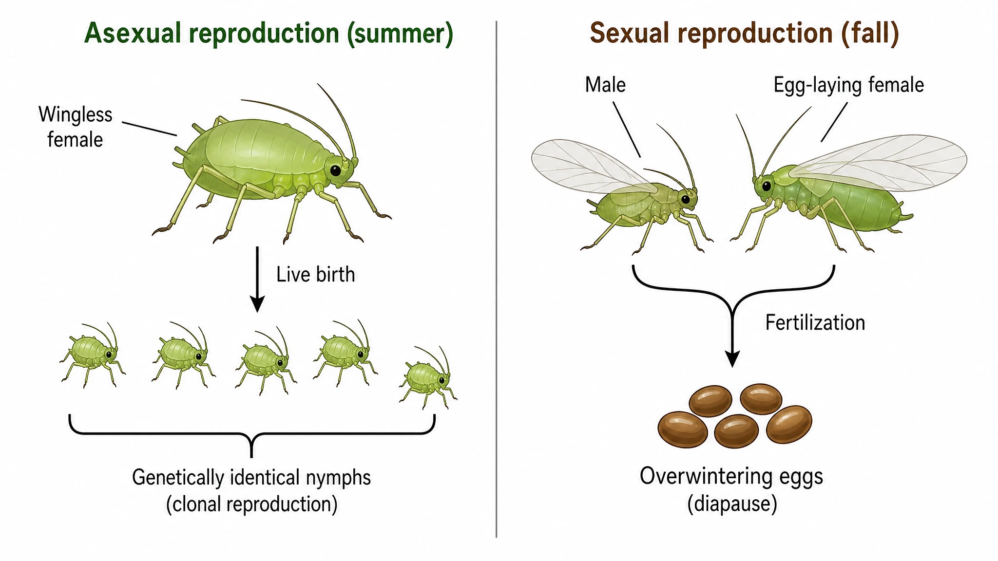 Comparison of aphid asexual live birth in summer and sexual egg-laying reproduction in fall (Figure generated with SciFig)