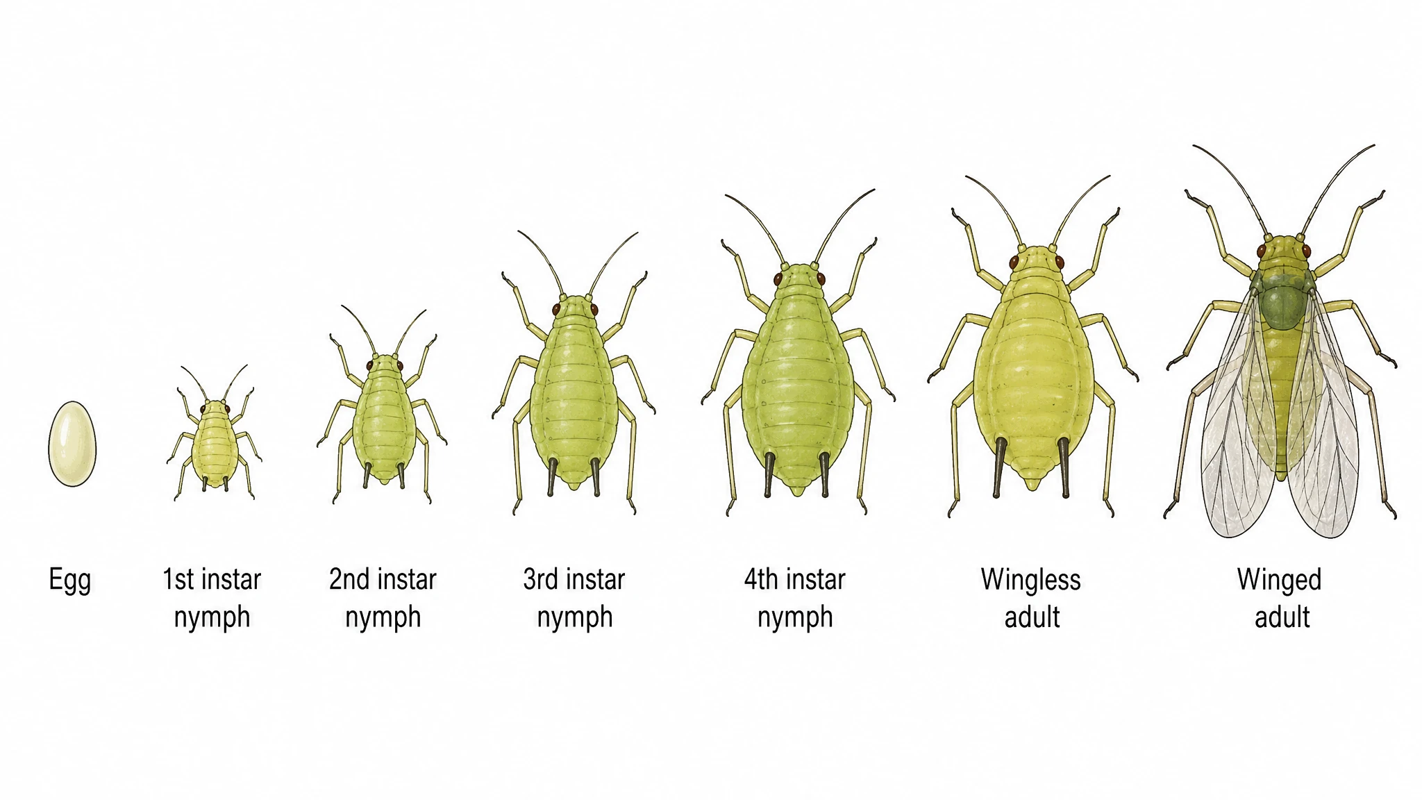 Developmental stages of the soybean aphid from egg through nymphal instars to wingless and winged adults (Figure generated with SciFig)