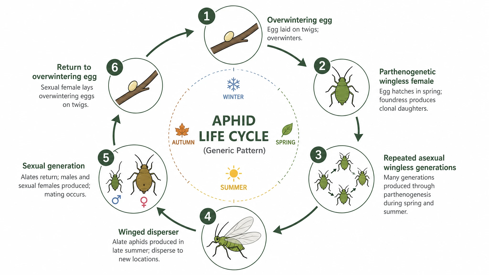 Generic aphid life cycle wheel showing egg, parthenogenetic females, winged dispersers, and sexual generation (Figure generated with SciFig)