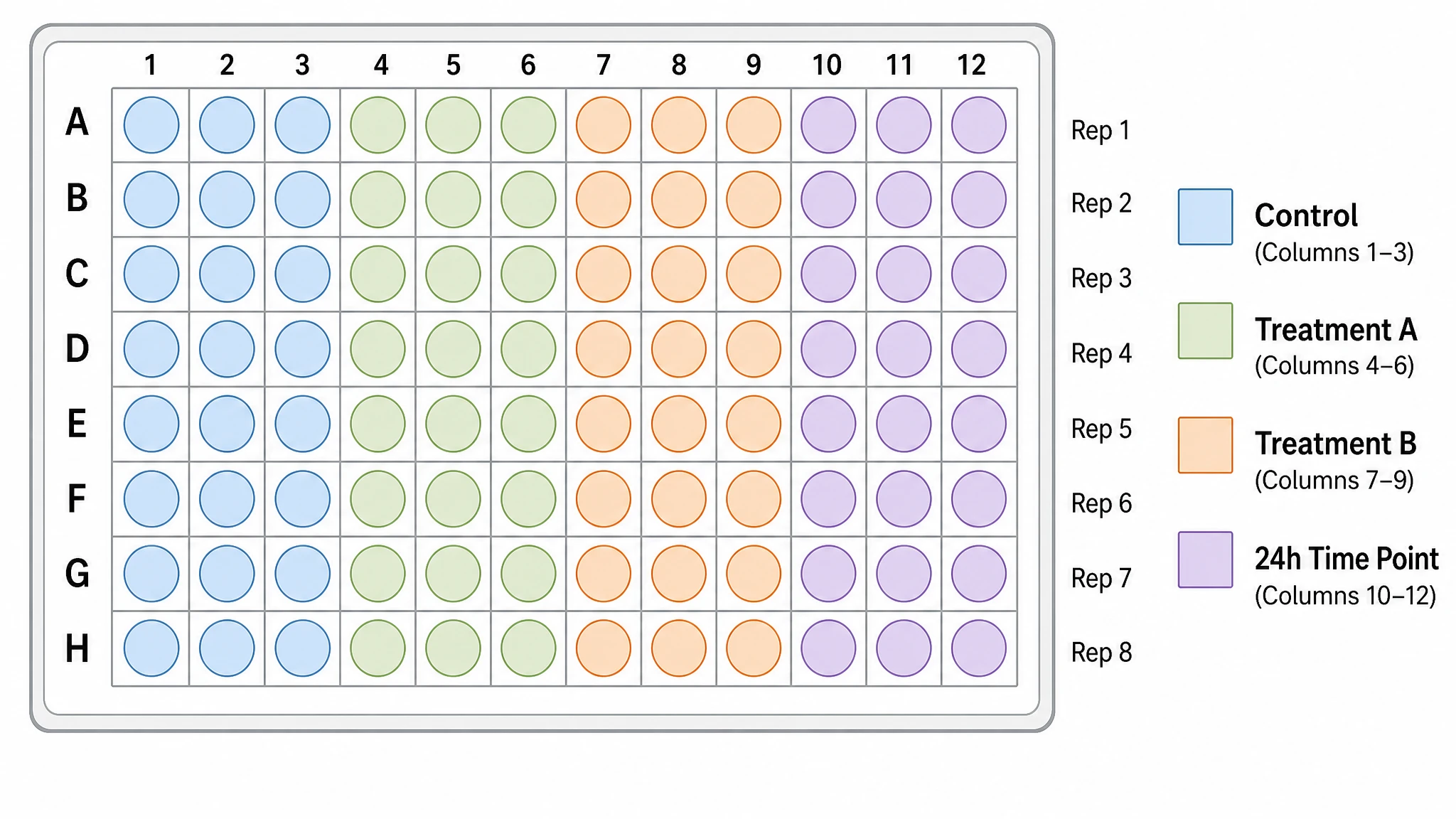 96 well plate layout grouped into colored blocks by treatment condition and replicate rows across the 8x12 microplate (Figure generated with SciFig)