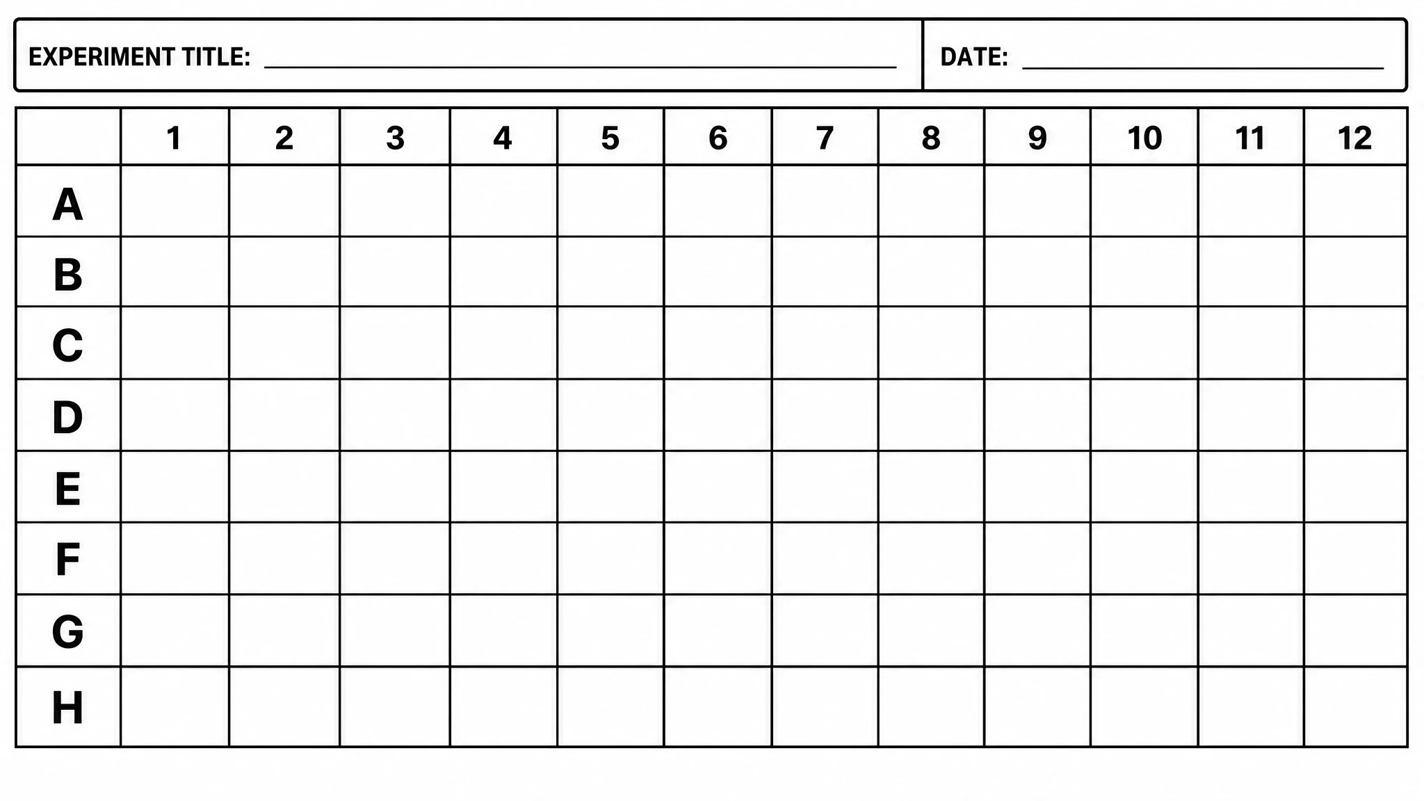 Printable 96 well plate holder worksheet with a black and white 8x12 grid and header for handwriting experiment details (Figure generated with SciFig)