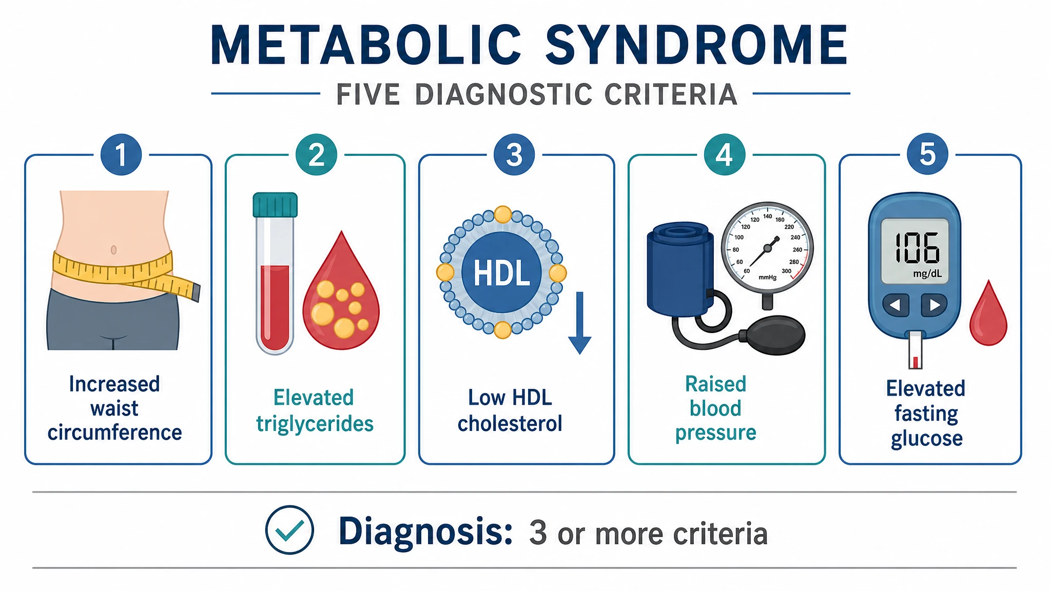 Schematic of the five diagnostic criteria for metabolic syndrome with a three-of-five threshold note (Figure generated with SciFig)
