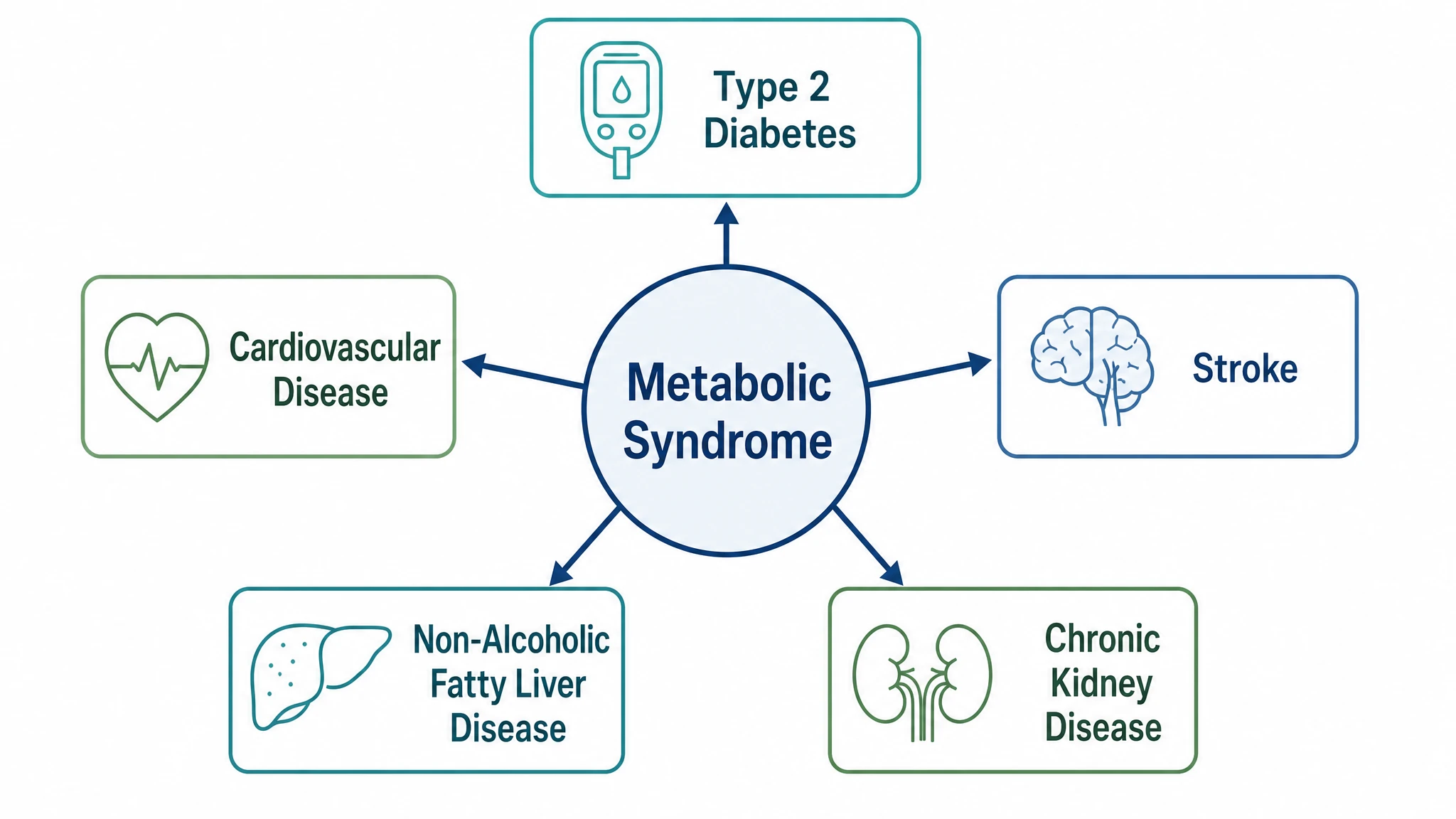 Diagram of metabolic syndrome radiating to associated diseases including type 2 diabetes, cardiovascular disease, and fatty liver disease (Figure generated with SciFig)