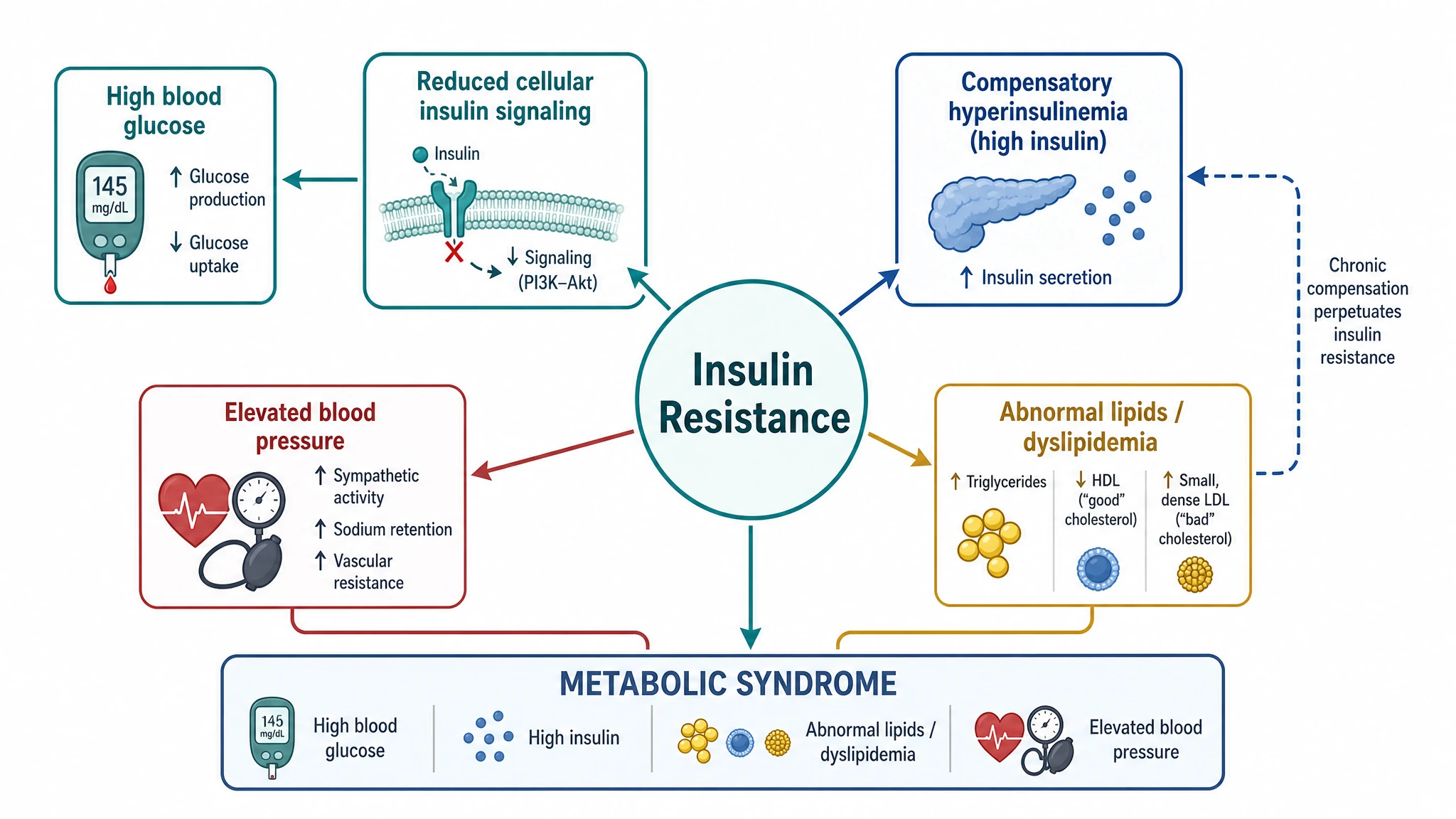 Schematic of insulin resistance at the core of metabolic syndrome linking to high glucose, abnormal lipids, and high blood pressure (Figure generated with SciFig)