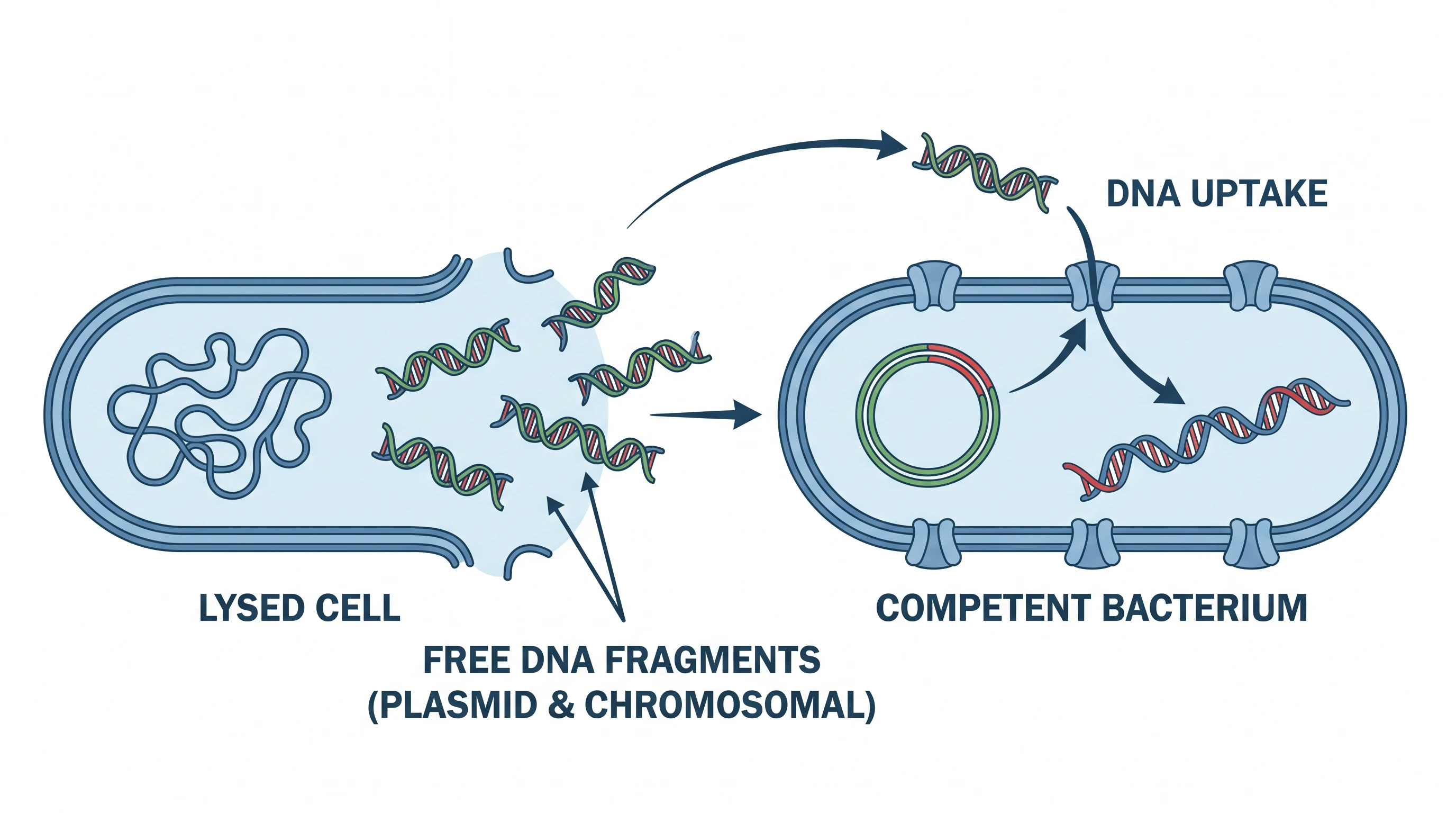 Bacterial transformation diagram showing uptake of free environmental DNA by a competent cell (Figure generated with SciFig)