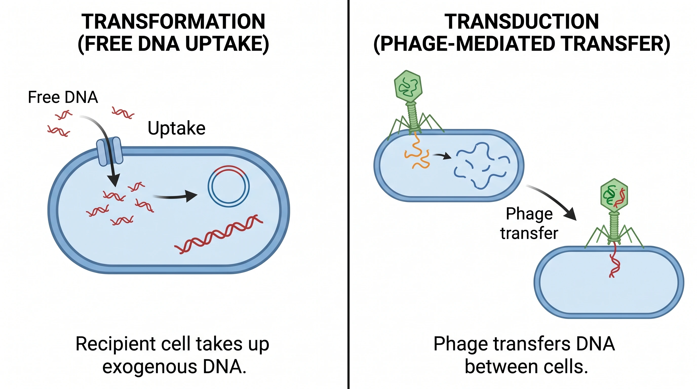 Comparison of transformation versus transduction showing free DNA uptake beside phage-mediated transfer (Figure generated with SciFig)